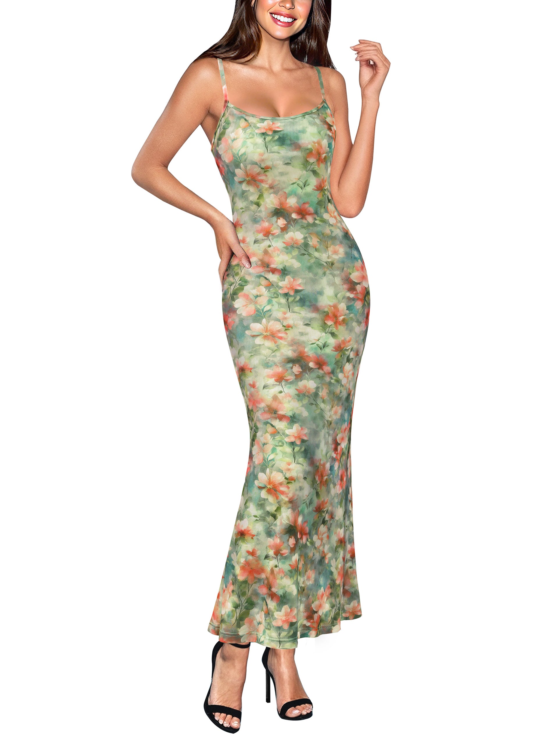 VFSHOW Womens Spaghetti Strap Wedding Guest Cocktail Bodycon Maxi Dress | Sexy Floral Printed Mesh, 2026 Summer Casual Beach Vacation, Date Night Party Slip Long Dresses