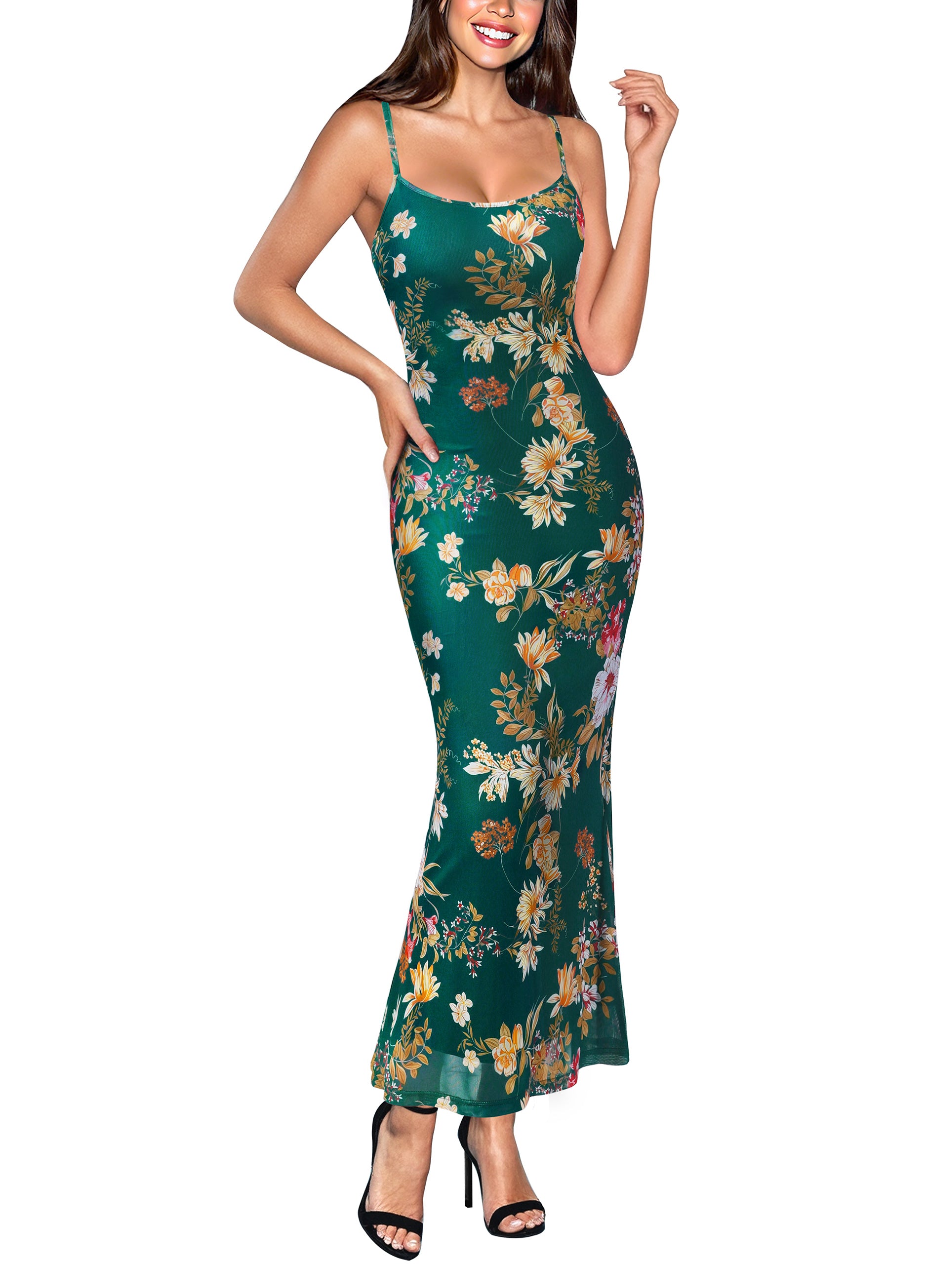 VFSHOW Womens Spaghetti Strap Wedding Guest Cocktail Bodycon Maxi Dress | Sexy Floral Printed Mesh, 2026 Summer Casual Beach Vacation, Date Night Party Slip Long Dresses