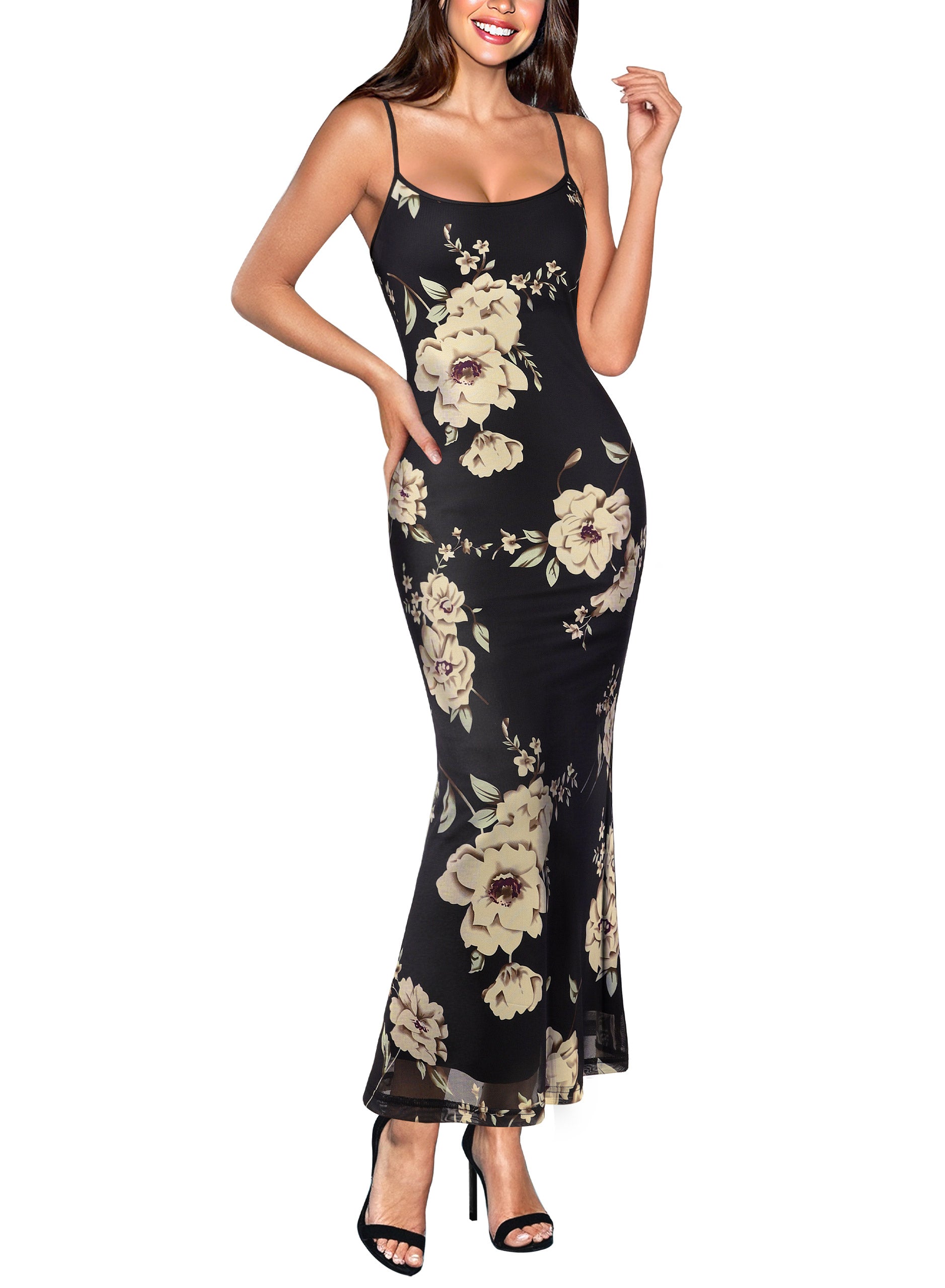 VFSHOW Womens Spaghetti Strap Wedding Guest Cocktail Bodycon Maxi Dress | Sexy Floral Printed Mesh, 2026 Summer Casual Beach Vacation, Date Night Party Slip Long Dresses