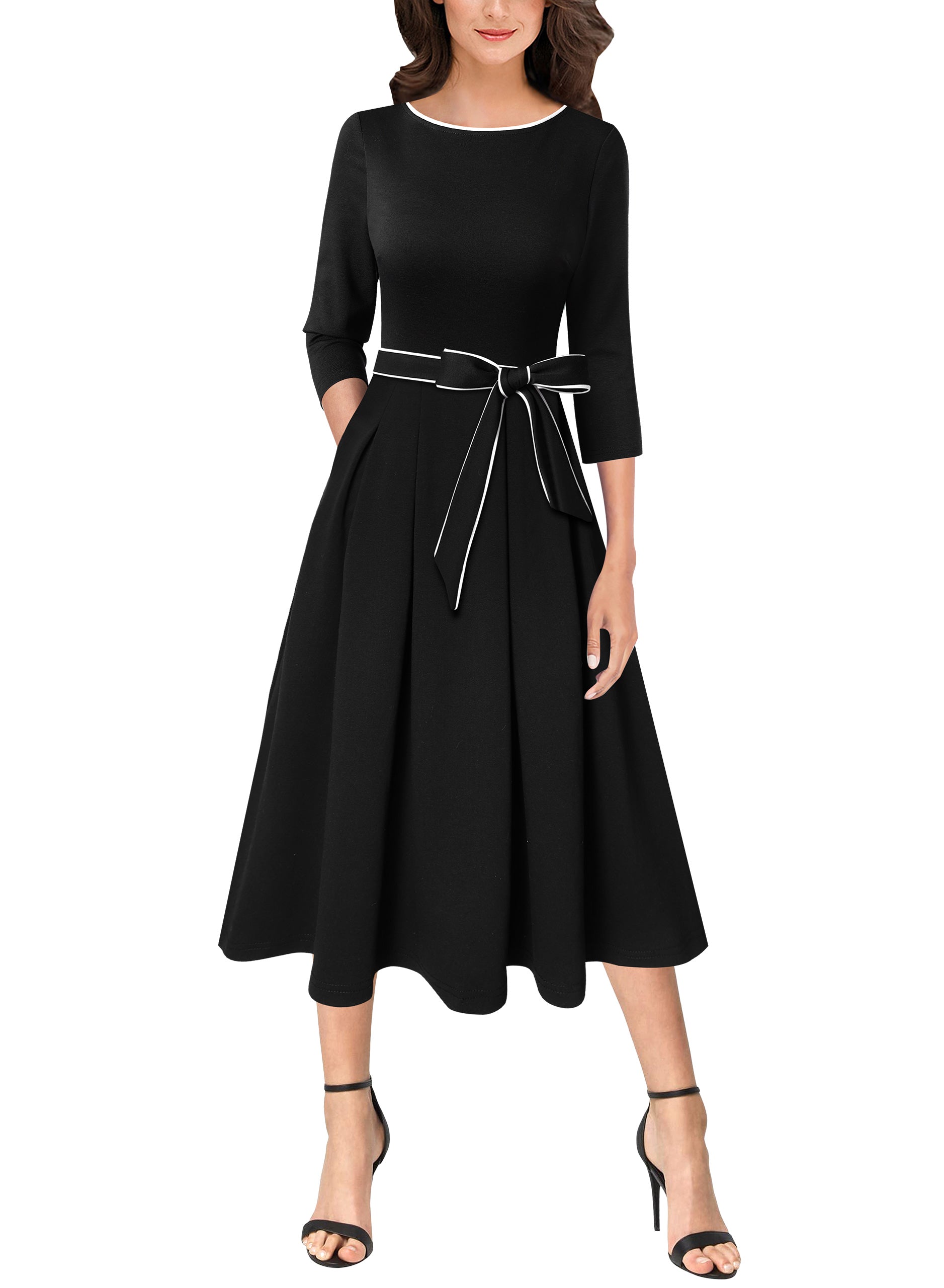 VFSHOW Womens Elegant Pockets Belted Work Business Office Casual Party Pleated A-Line Midi Dress