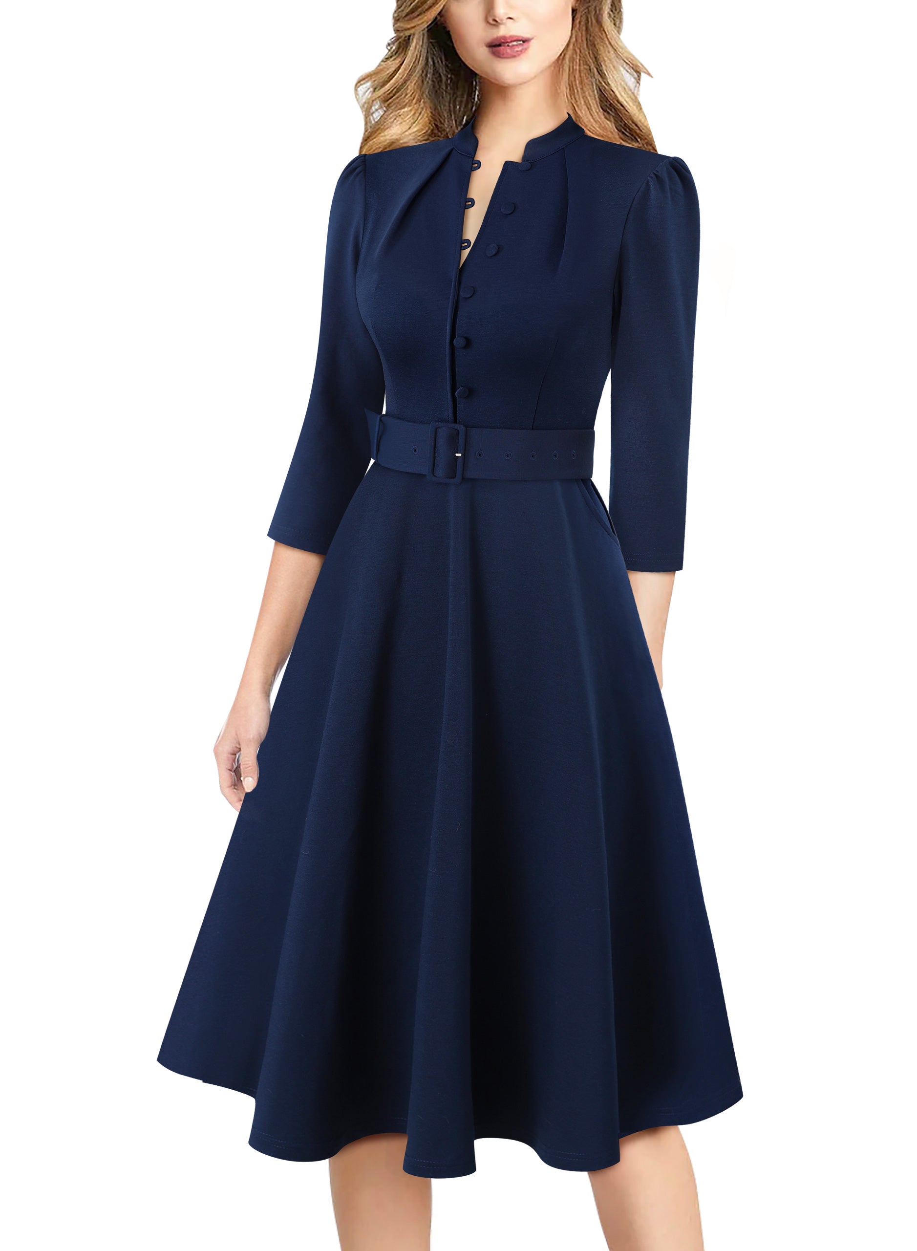 VFSHOW Womens 2024 Business Work Office 3/4 Sleeve Pockets Belted Buttons Elegant Fit and Flare A-Line Dress