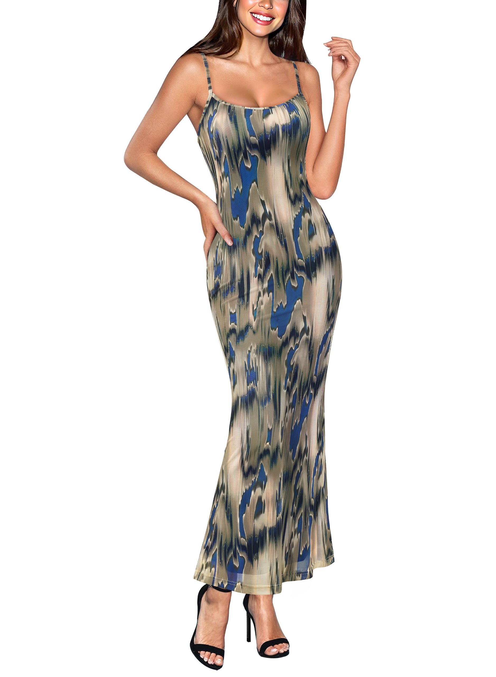 VFSHOW Womens Spaghetti Strap Wedding Guest Cocktail Bodycon Maxi Dress | Sexy Floral Printed Mesh, 2026 Summer Casual Beach Vacation, Date Night Party Slip Long Dresses