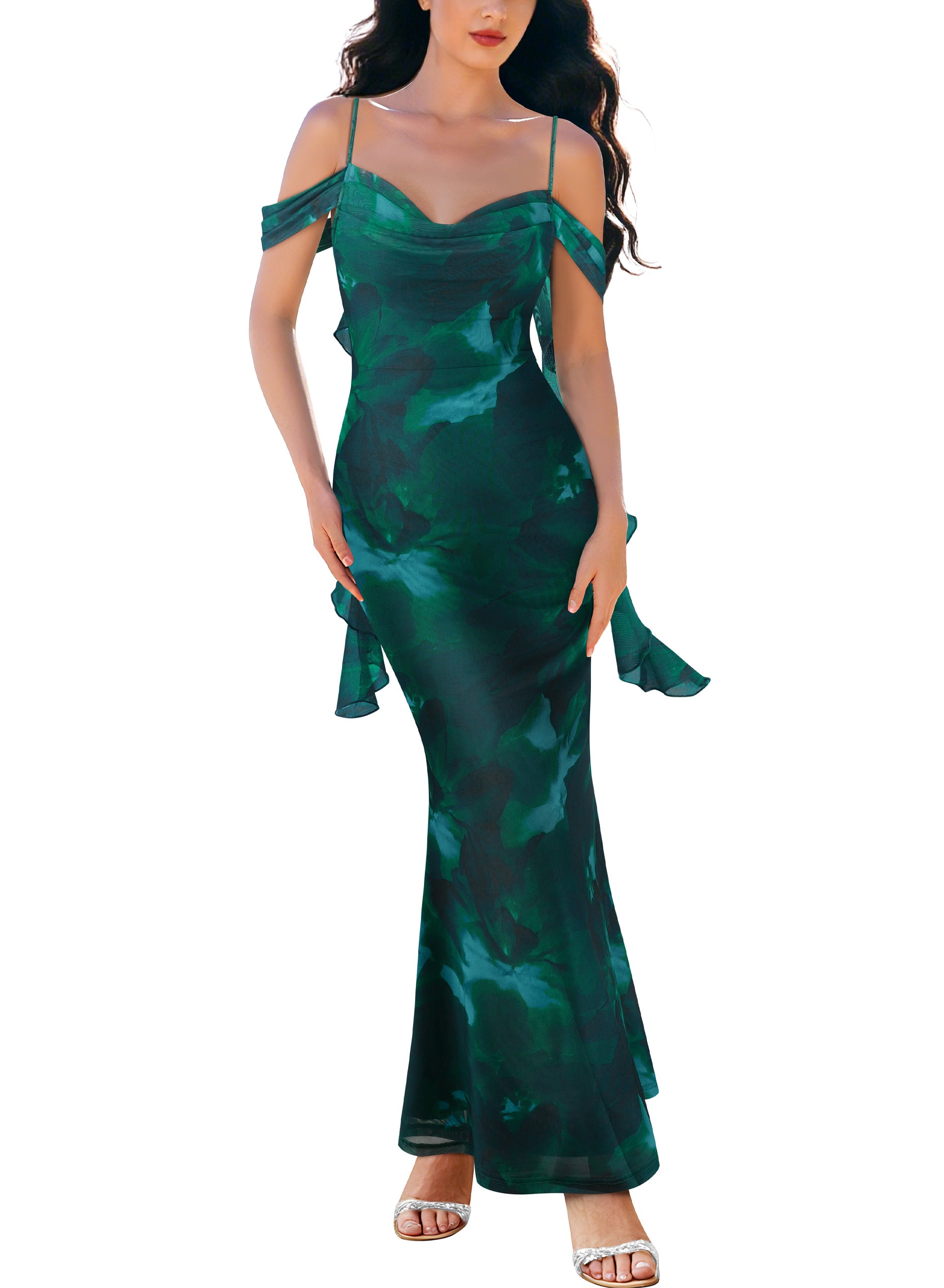 VFSHOW Womens Floral Cowl Neck Ruffle Wedding Guest Mermaid Maxi Dress | Adjustable Spaghetti Straps, Off Shoulder, Backless, Printed Mesh, Slim Bodycon, Cocktail Parties, Semi-Formal, Cruise Dinner
