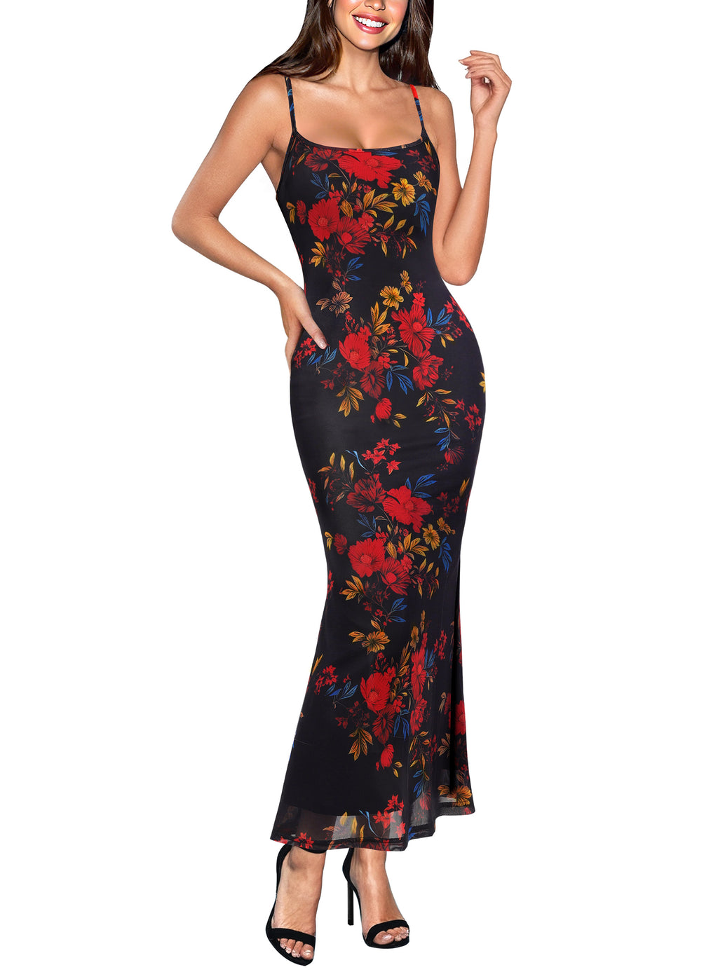VFSHOW Womens Spaghetti Strap Wedding Guest Cocktail Bodycon Maxi Dress | Sexy Floral Printed Mesh, 2026 Summer Casual Beach Vacation, Date Night Party Slip Long Dresses