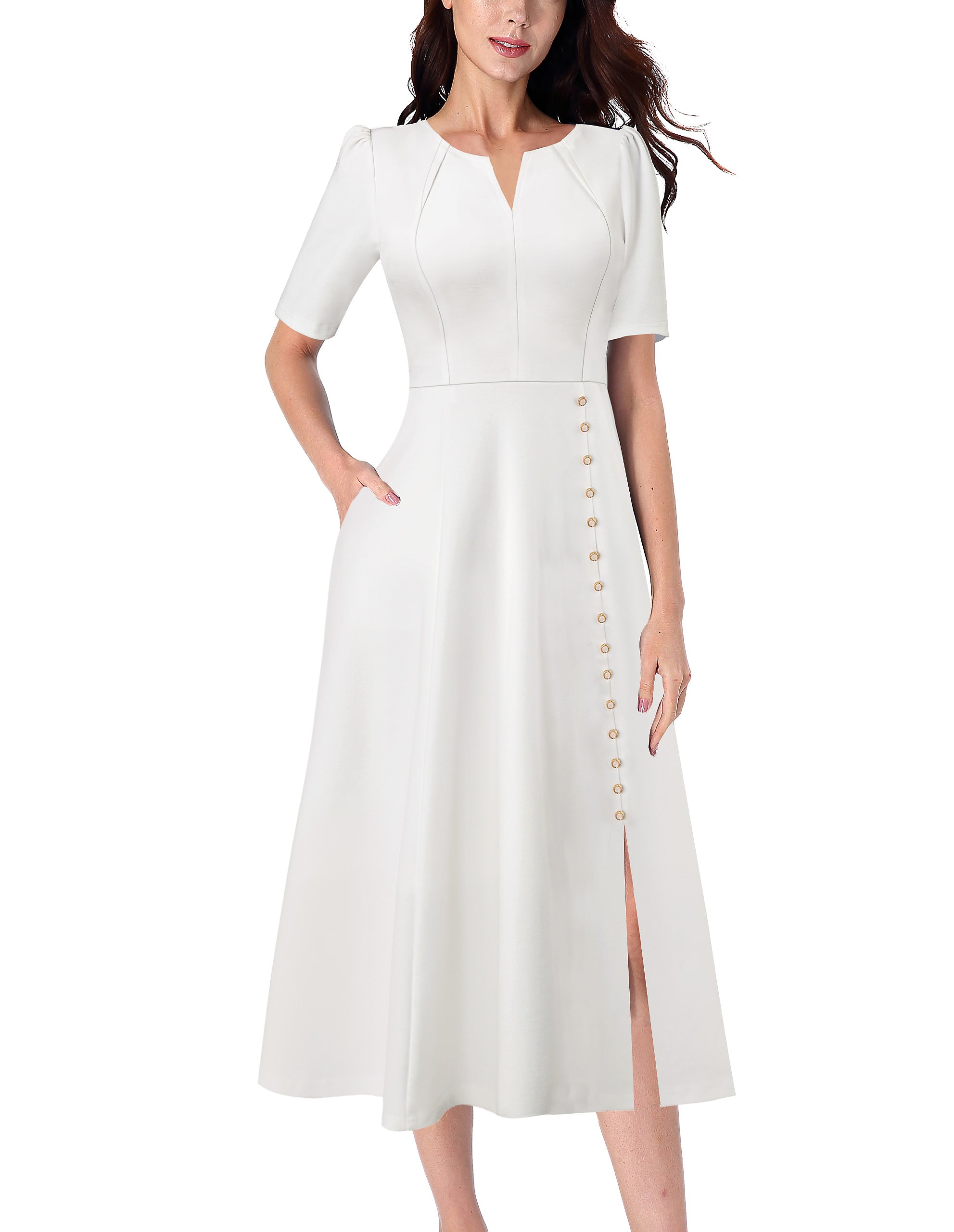 VFSHOW Women Pleated Notch V Neck Pockets Buttons Work Office Business A-Line Midi Dress