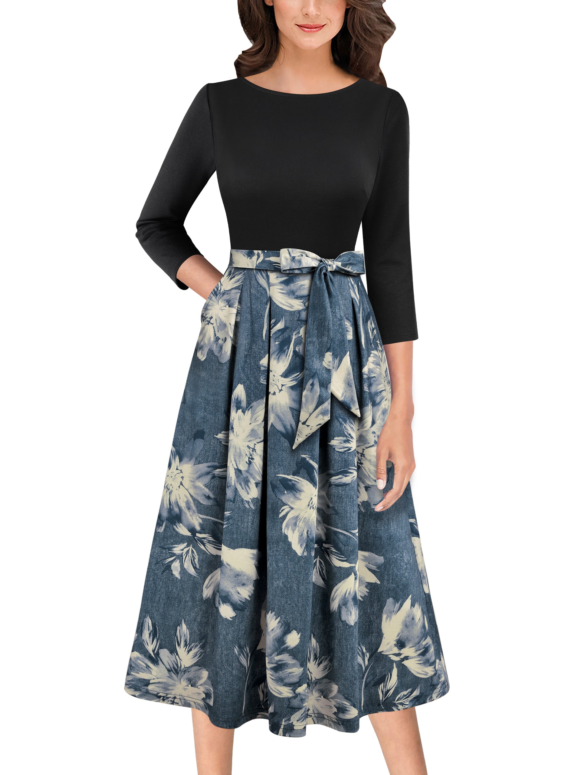 VFSHOW Womens Elegant Pockets Belted Work Business Office Casual Party Pleated A-Line Midi Dress