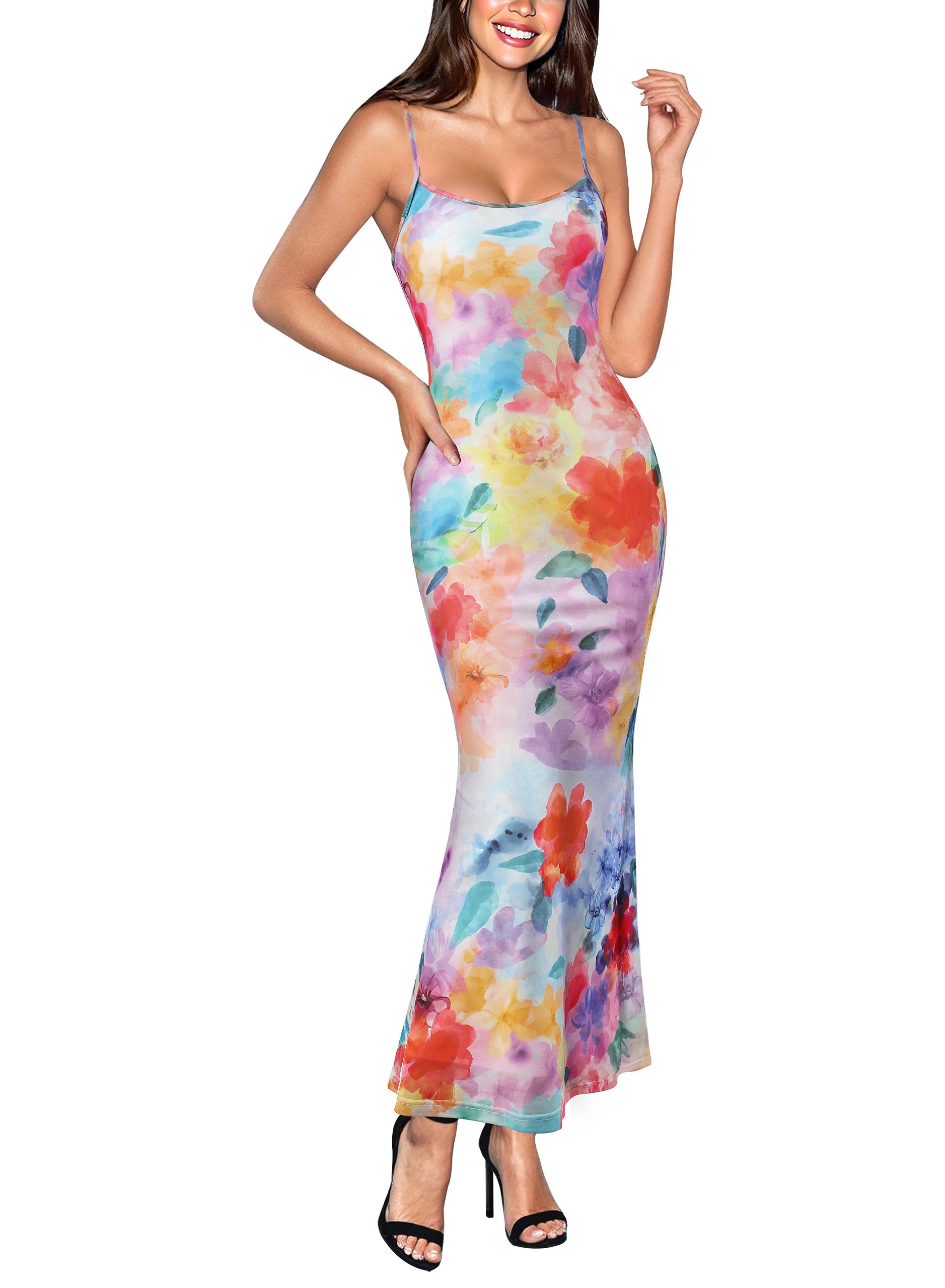 VFSHOW Womens Spaghetti Strap Wedding Guest Cocktail Bodycon Maxi Dress | Sexy Floral Printed Mesh, 2026 Summer Casual Beach Vacation, Date Night Party Slip Long Dresses
