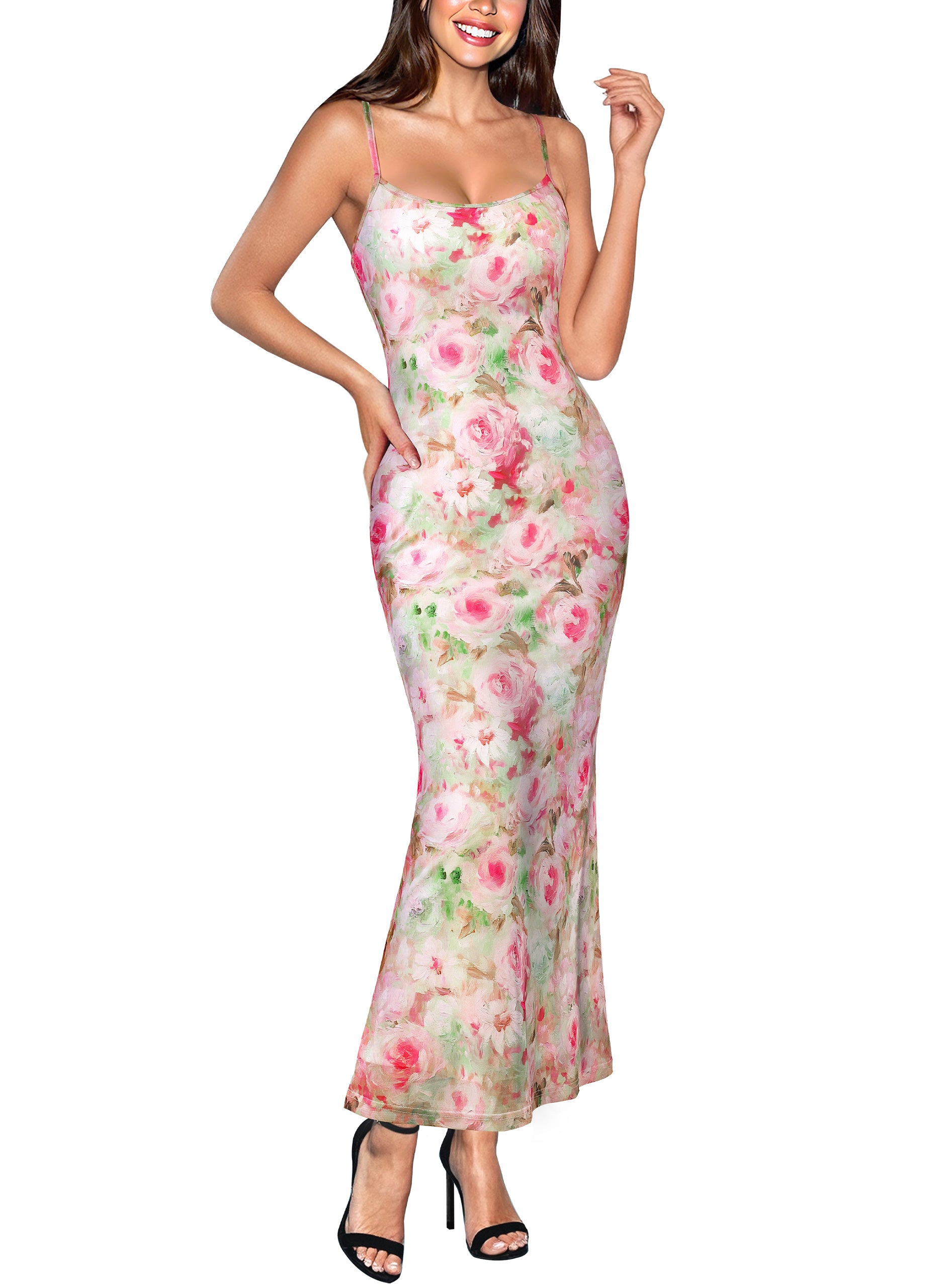 VFSHOW Womens Spaghetti Strap Wedding Guest Cocktail Bodycon Maxi Dress | Sexy Floral Printed Mesh, 2026 Summer Casual Beach Vacation, Date Night Party Slip Long Dresses