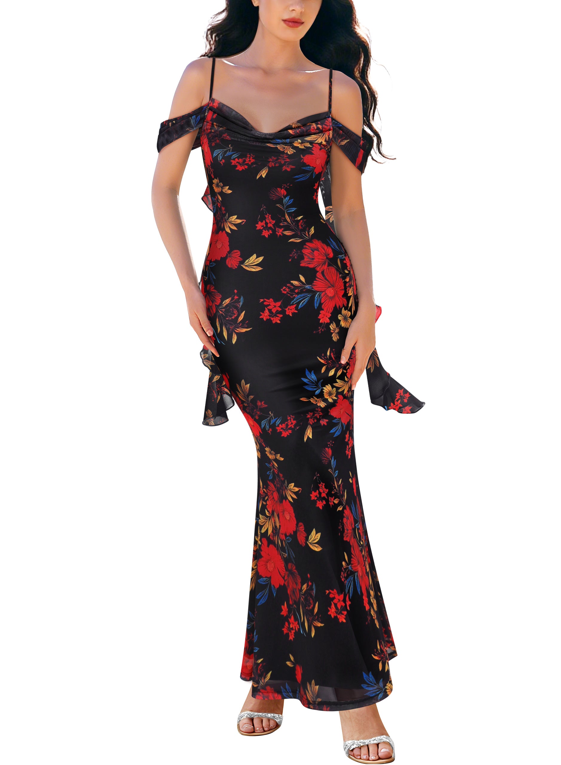 VFSHOW Womens Floral Cowl Neck Ruffle Wedding Guest Mermaid Maxi Dress | Adjustable Spaghetti Straps, Off Shoulder, Backless, Printed Mesh, Slim Bodycon, Cocktail Parties, Semi-Formal, Cruise Dinner