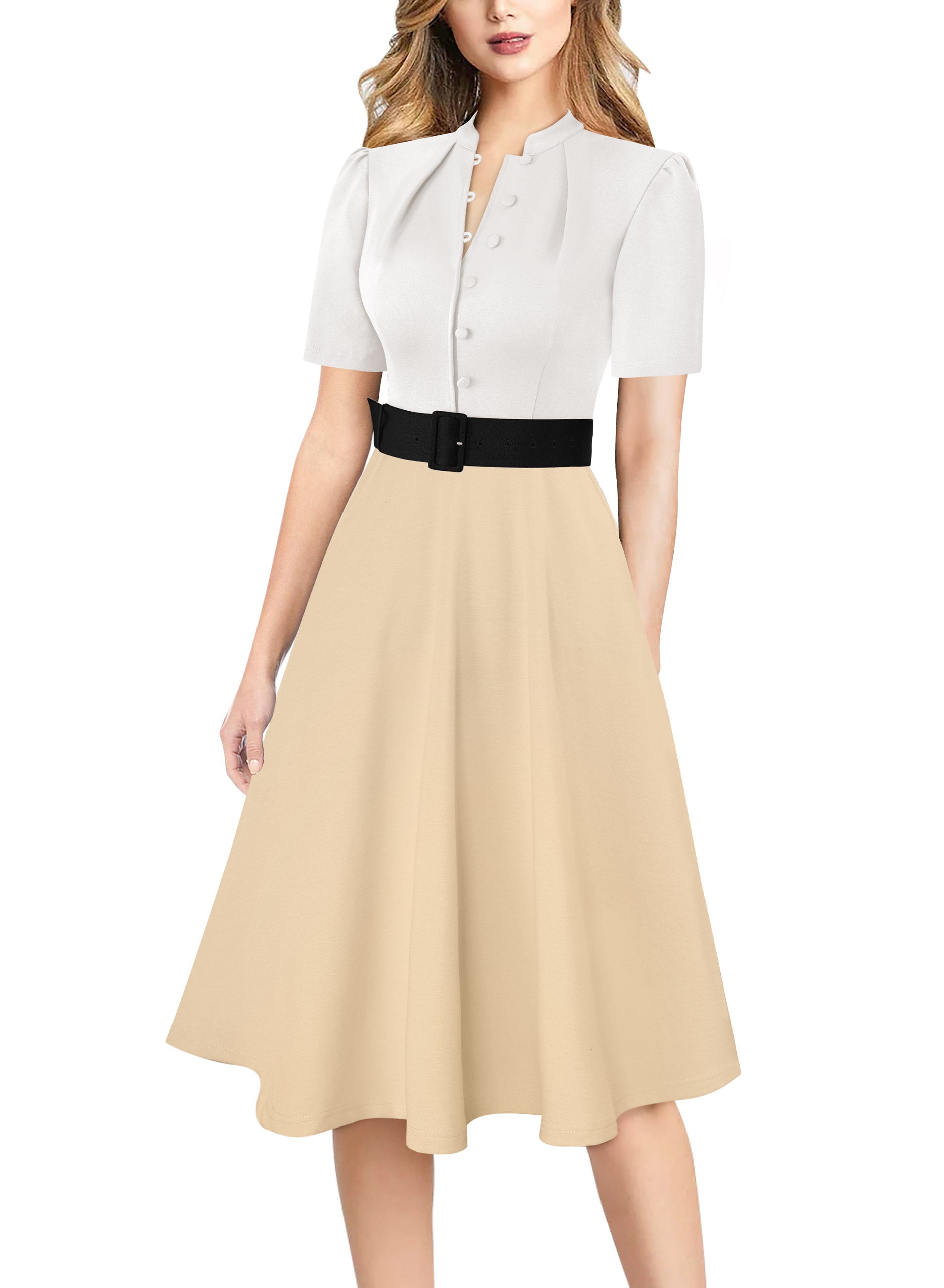 VFSHOW Womens 2024 Business Work Office Pockets Belted Buttons Elegant Fit and Flare A-Line Dress