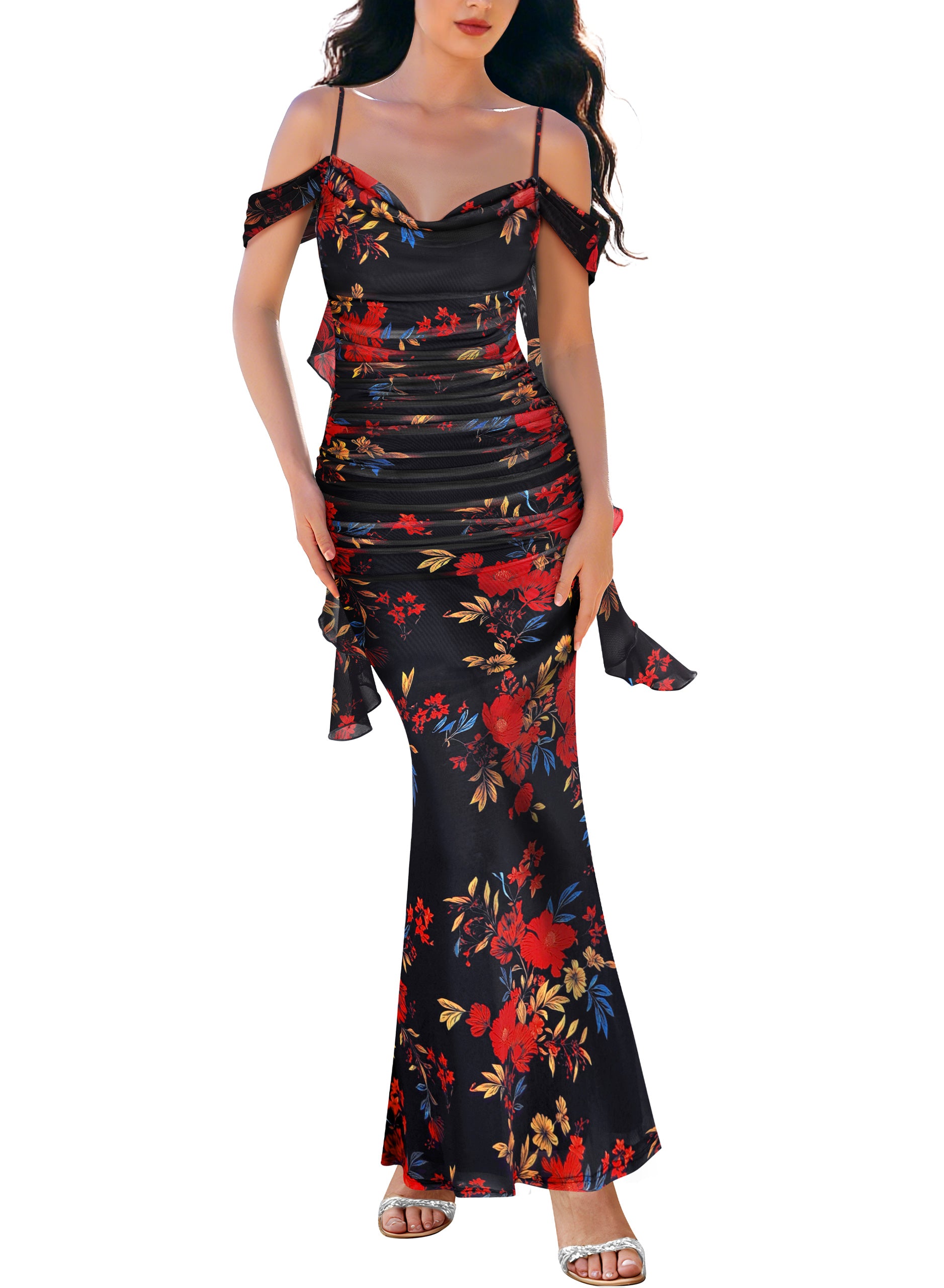 VFSHOW Womens Floral Cowl Neck Ruffle Wedding Guest Mermaid Maxi Dress | Adjustable Spaghetti Straps, Off Shoulder, Backless, Printed Mesh, Slim Bodycon, Cocktail Parties, Semi-Formal, Cruise Dinner