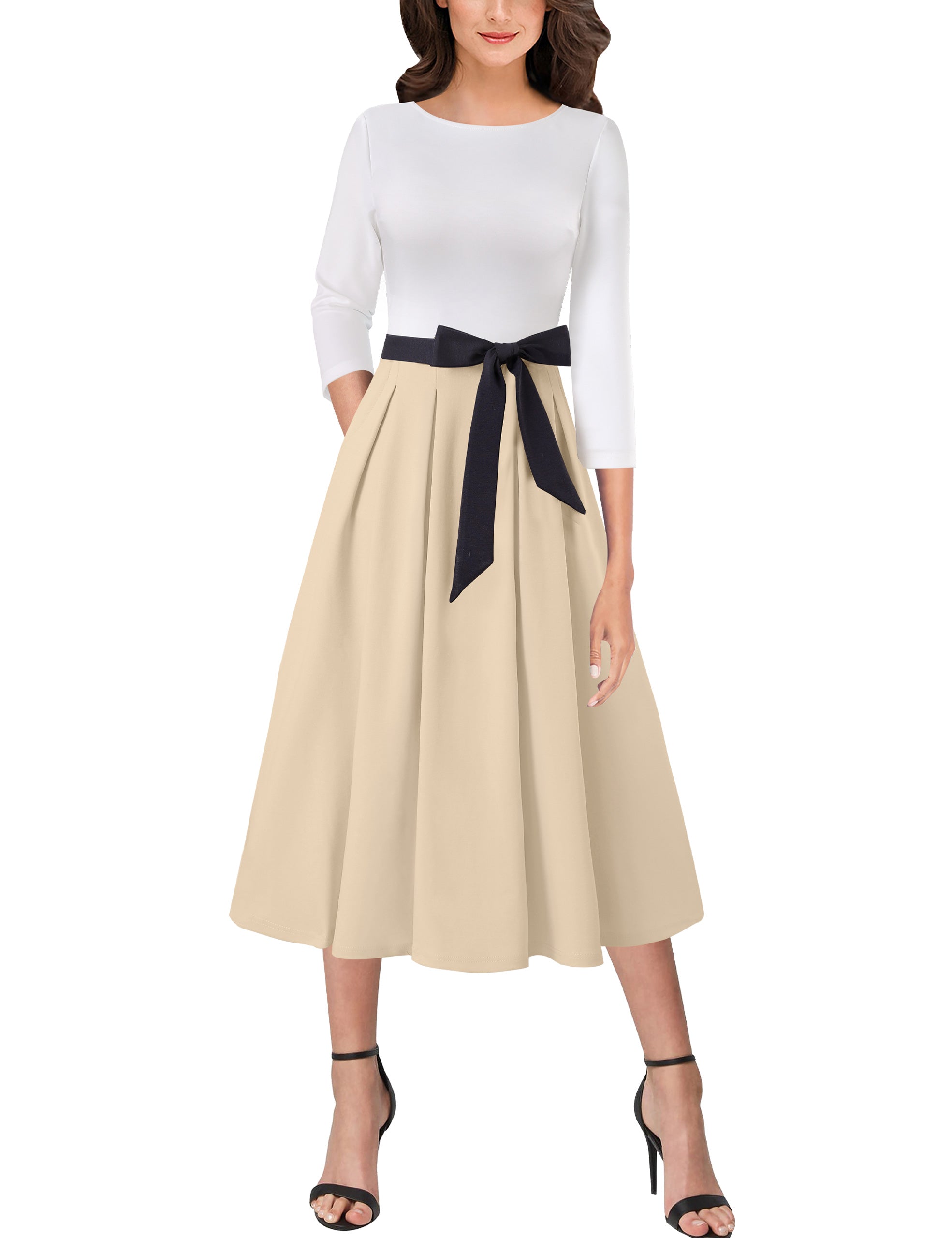 VFSHOW Womens Elegant Pockets Belted Work Business Office Casual Party Pleated A-Line Midi Dress