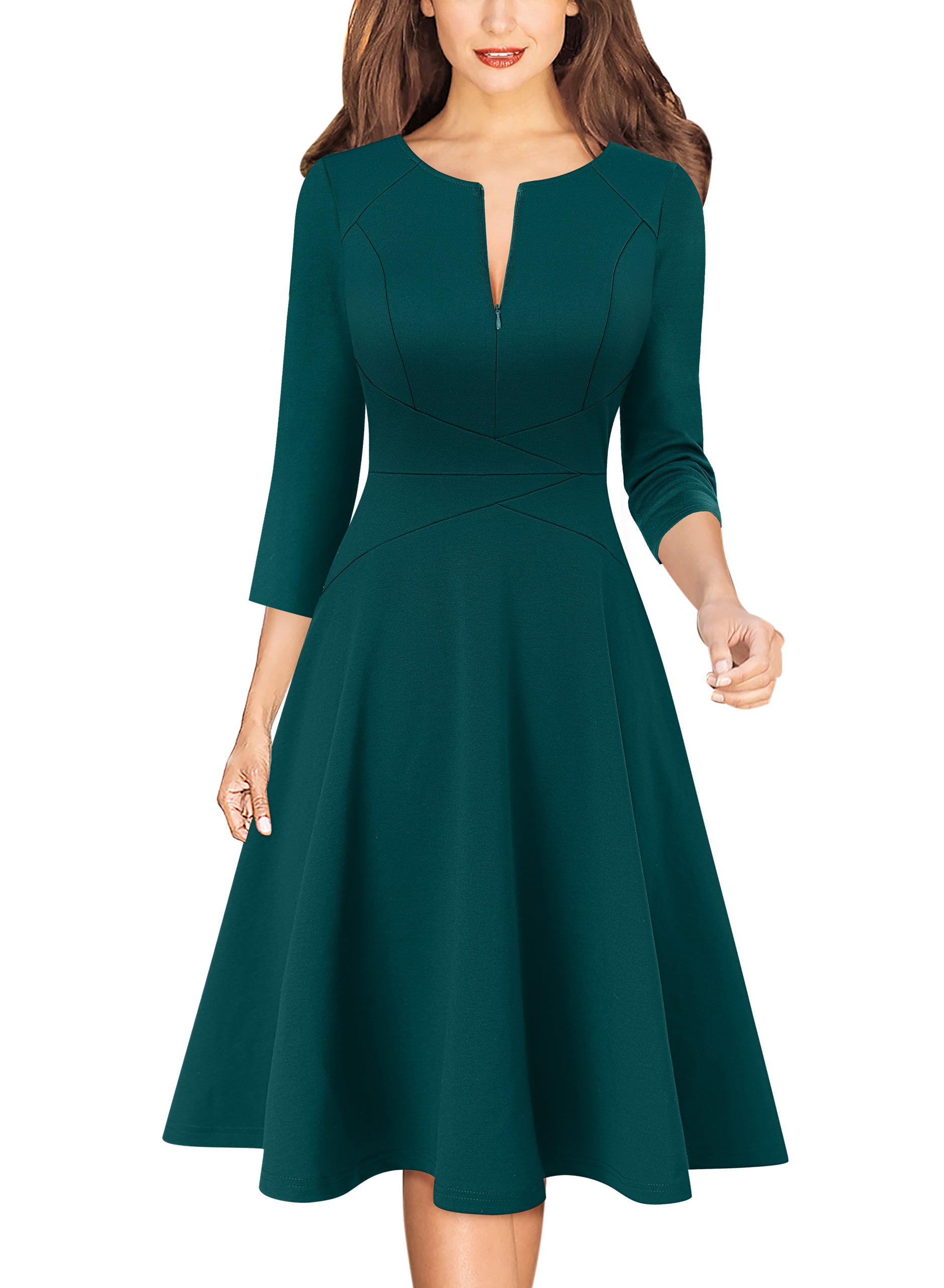 VFSHOW Womens Work Business Front Zipper A-Line Dresses 3/4 Sleeve Office Church Fit and Flare Skater Swing Knee Length Dress