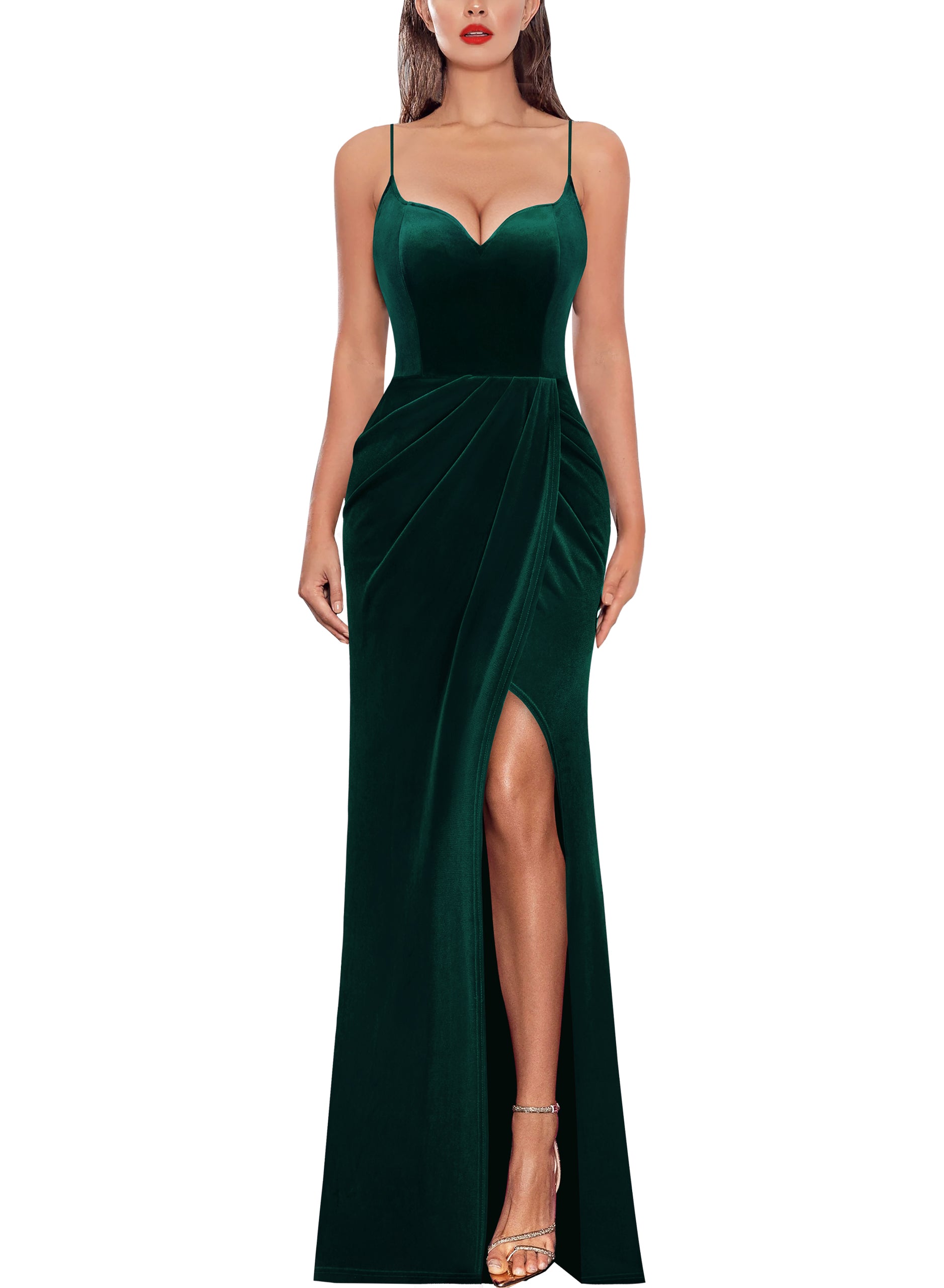 VFSHOW Womens Sexy Spaghetti Strap Formal Prom Evening Gala Long Maxi Dress | Ruched Hight Slit, Sweetheart, Cocktail Wedding Guest Fitted Bodycon Gown