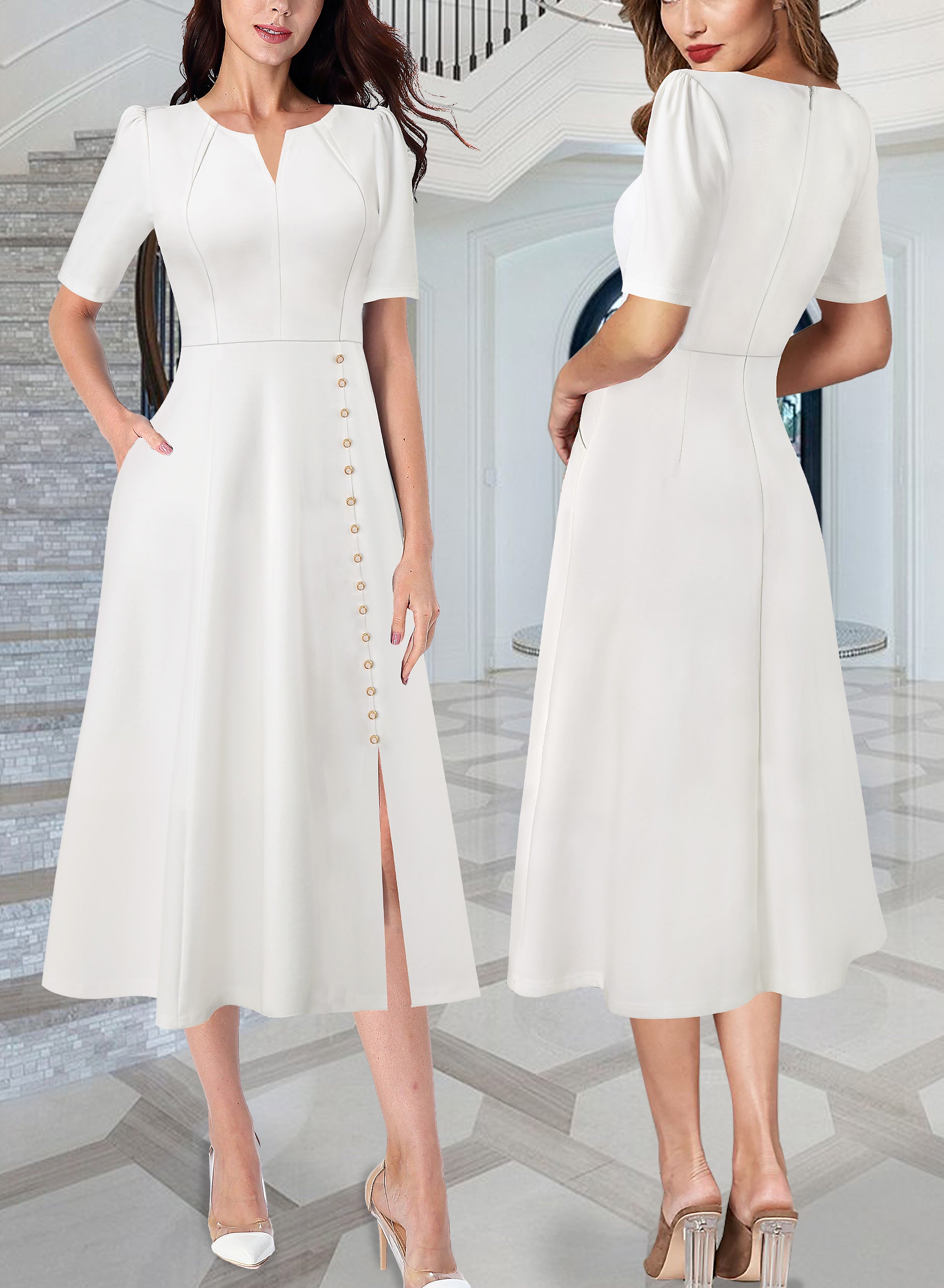 VFSHOW Women Pleated Notch V Neck Pockets Buttons Work Office Business A-Line Midi Dress