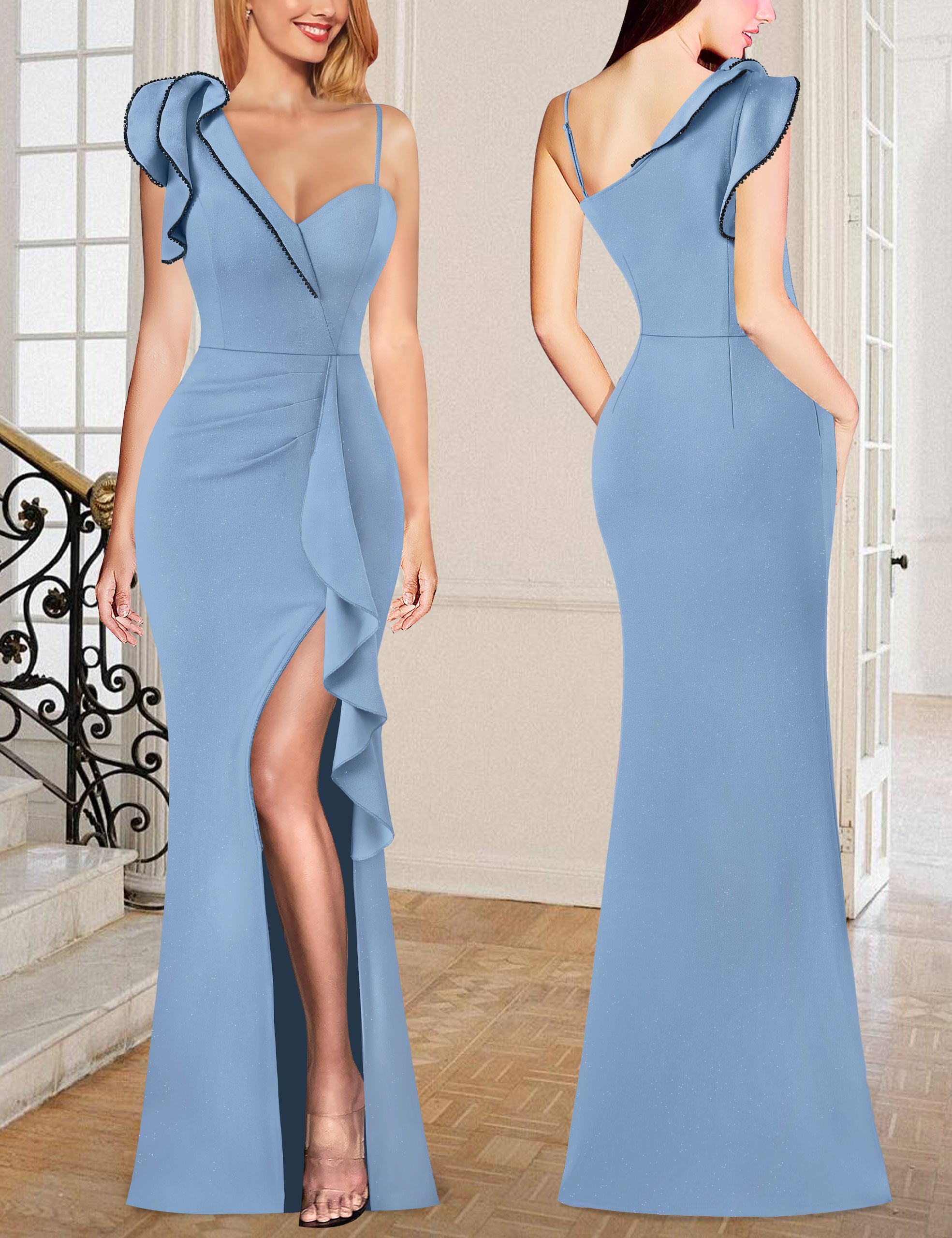 VFSHOW Womens Formal Prom Elegant Ruffle One Shoulder Beaded Strap Ruched Slit Maxi Dress Wedding Evening Long Gown