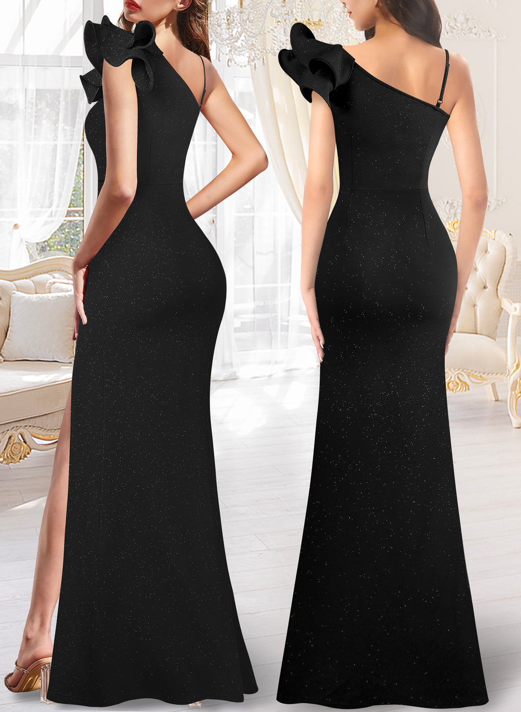 VFSHOW Womens Ruffle One Shoulder Strap Ruched Formal Prom Wedding Maxi Dress V Neck Elegant Split Cocktail Evening Long Gown