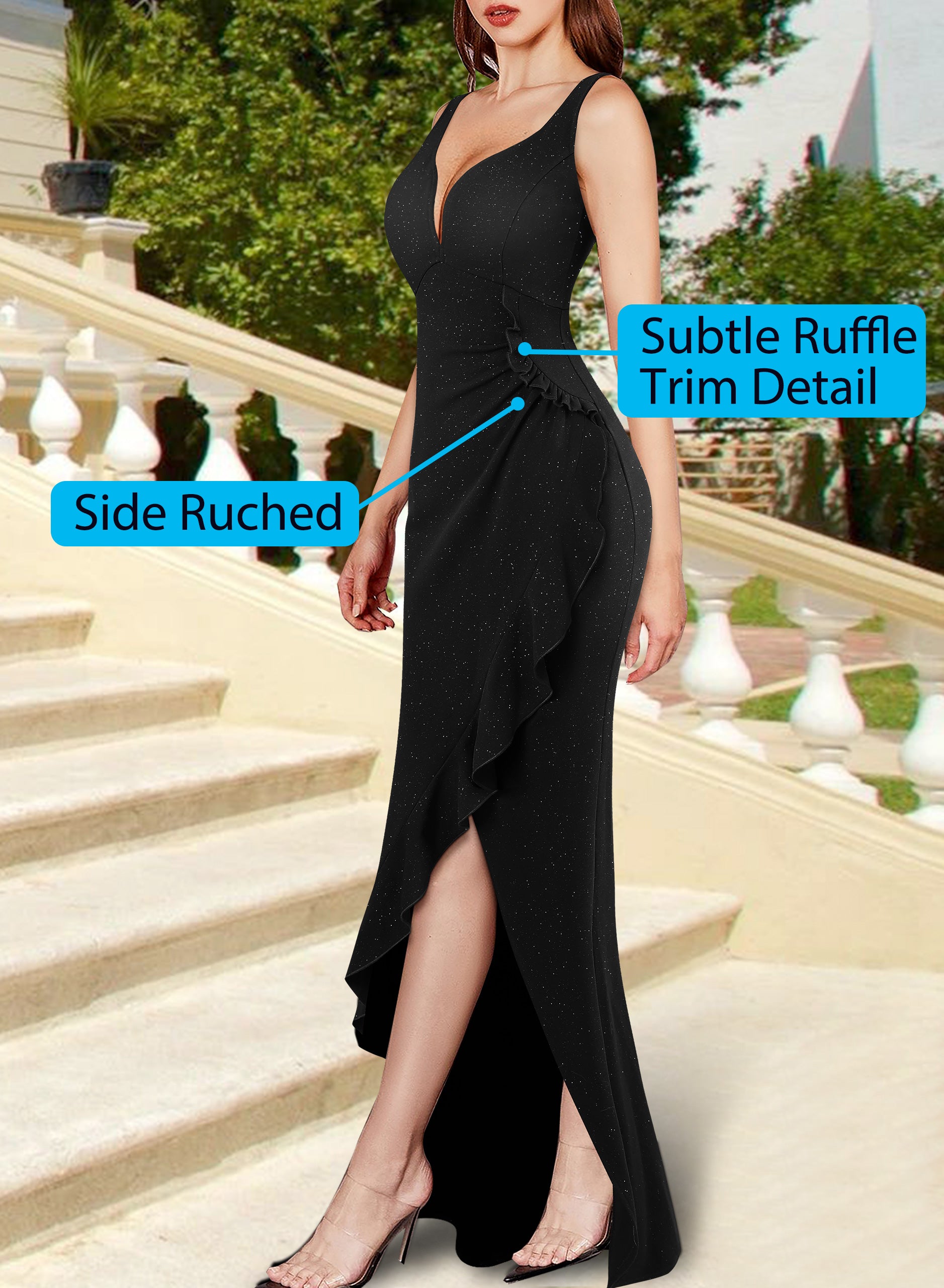 VFSHOW Womens Backless Ruched Ruffle Deep V Neck Formal Prom Wedding Maxi Dress 2023 Spaghetti Strap Sexy Split Evening Gown