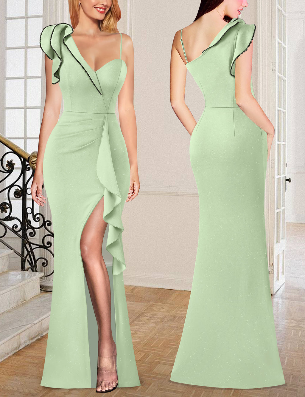 VFSHOW Womens Formal Prom Elegant Ruffle One Shoulder Beaded Strap Ruched Slit Maxi Dress Wedding Evening Long Gown