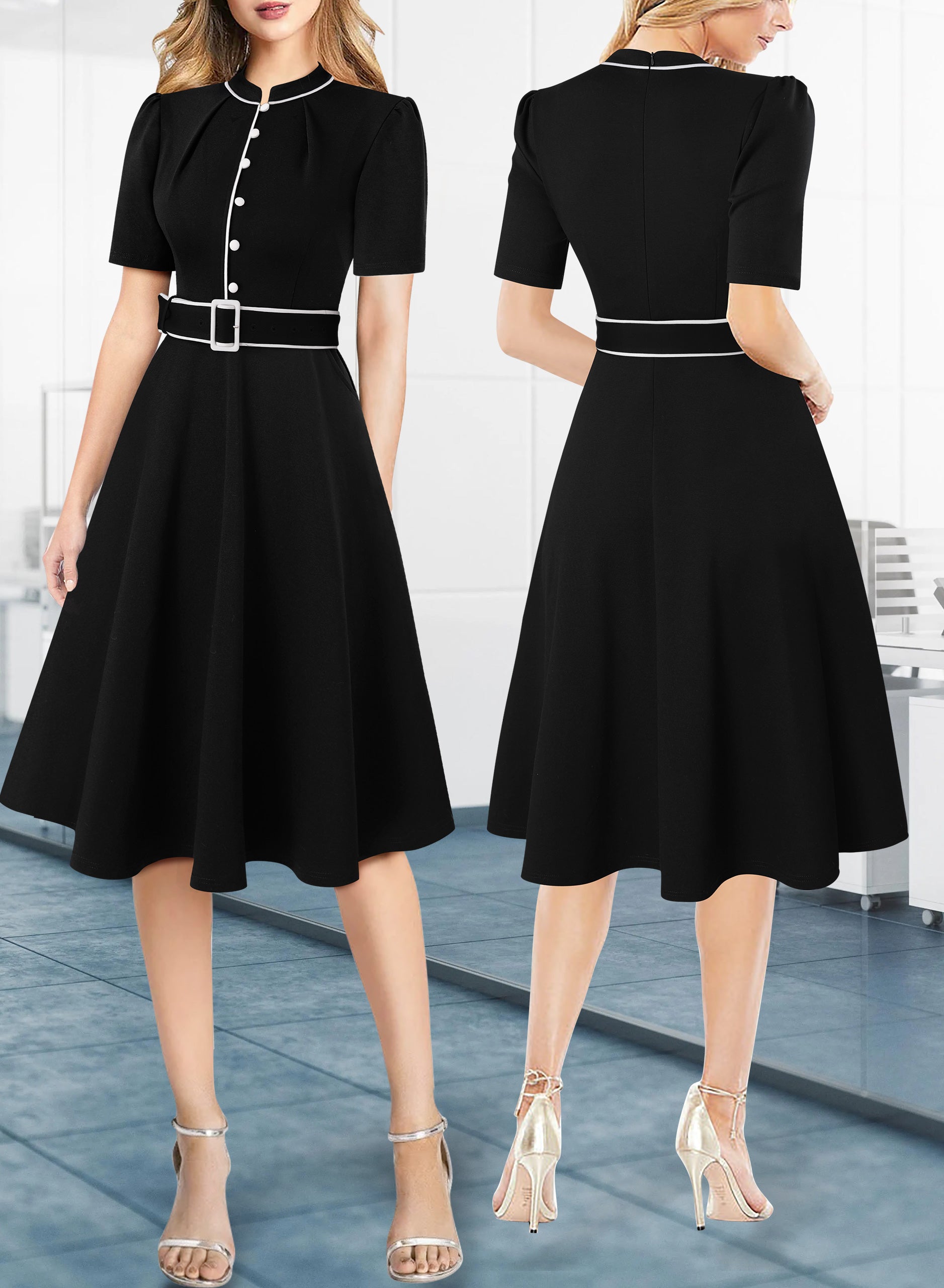 VFSHOW Womens 2024 Business Work Office Pockets Belted Buttons Elegant Fit and Flare A-Line Dress