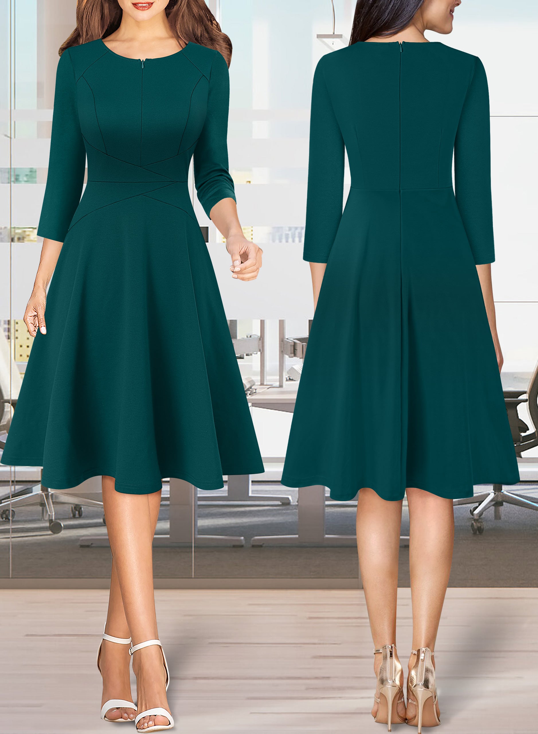 VFSHOW Womens Work Business Front Zipper A-Line Dresses 3/4 Sleeve Office Church Fit and Flare Skater Swing Knee Length Dress