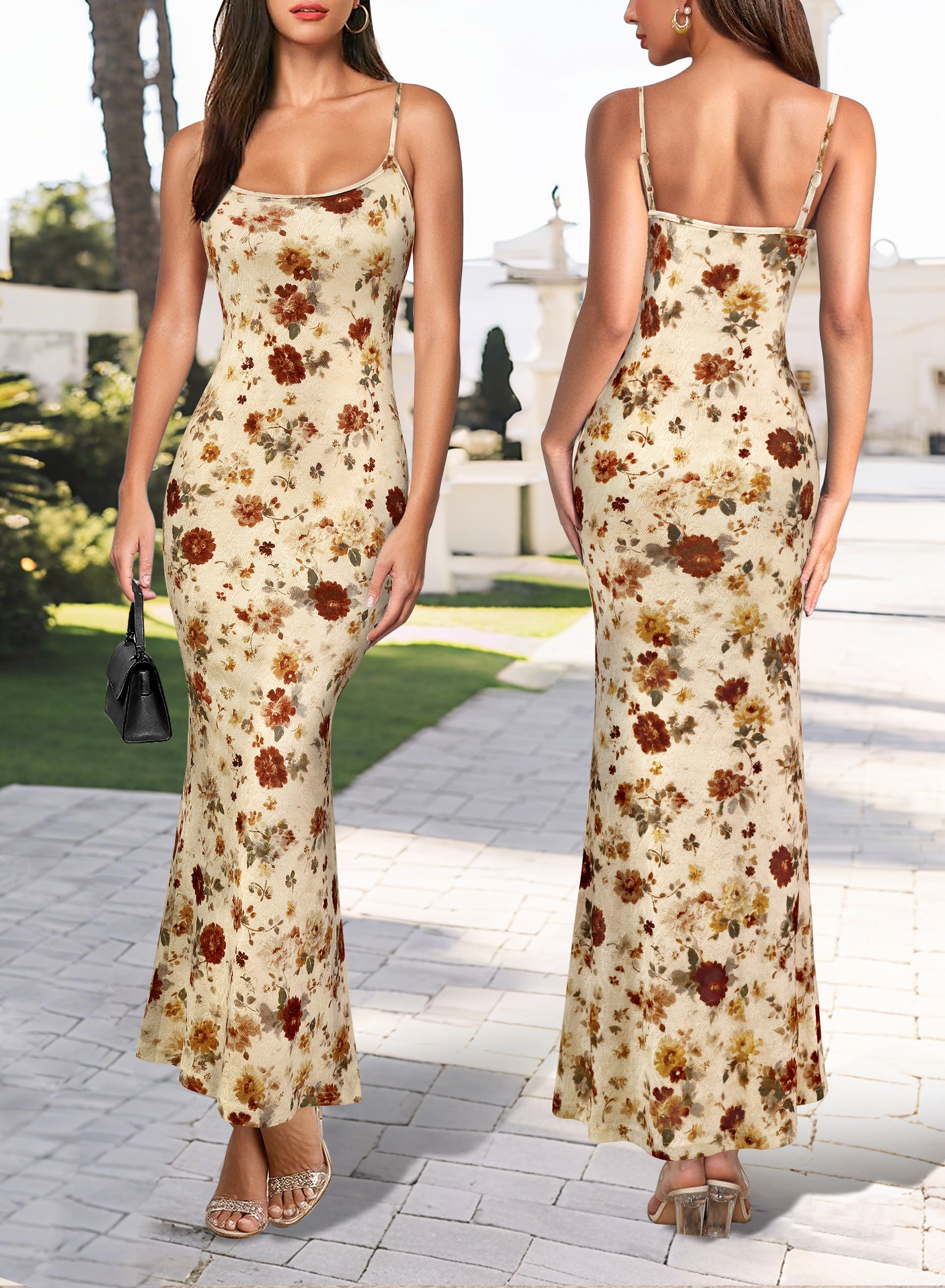 VFSHOW Womens Spaghetti Strap Wedding Guest Cocktail Bodycon Maxi Dress | Sexy Floral Printed Mesh, 2026 Summer Casual Beach Vacation, Date Night Party Slip Long Dresses