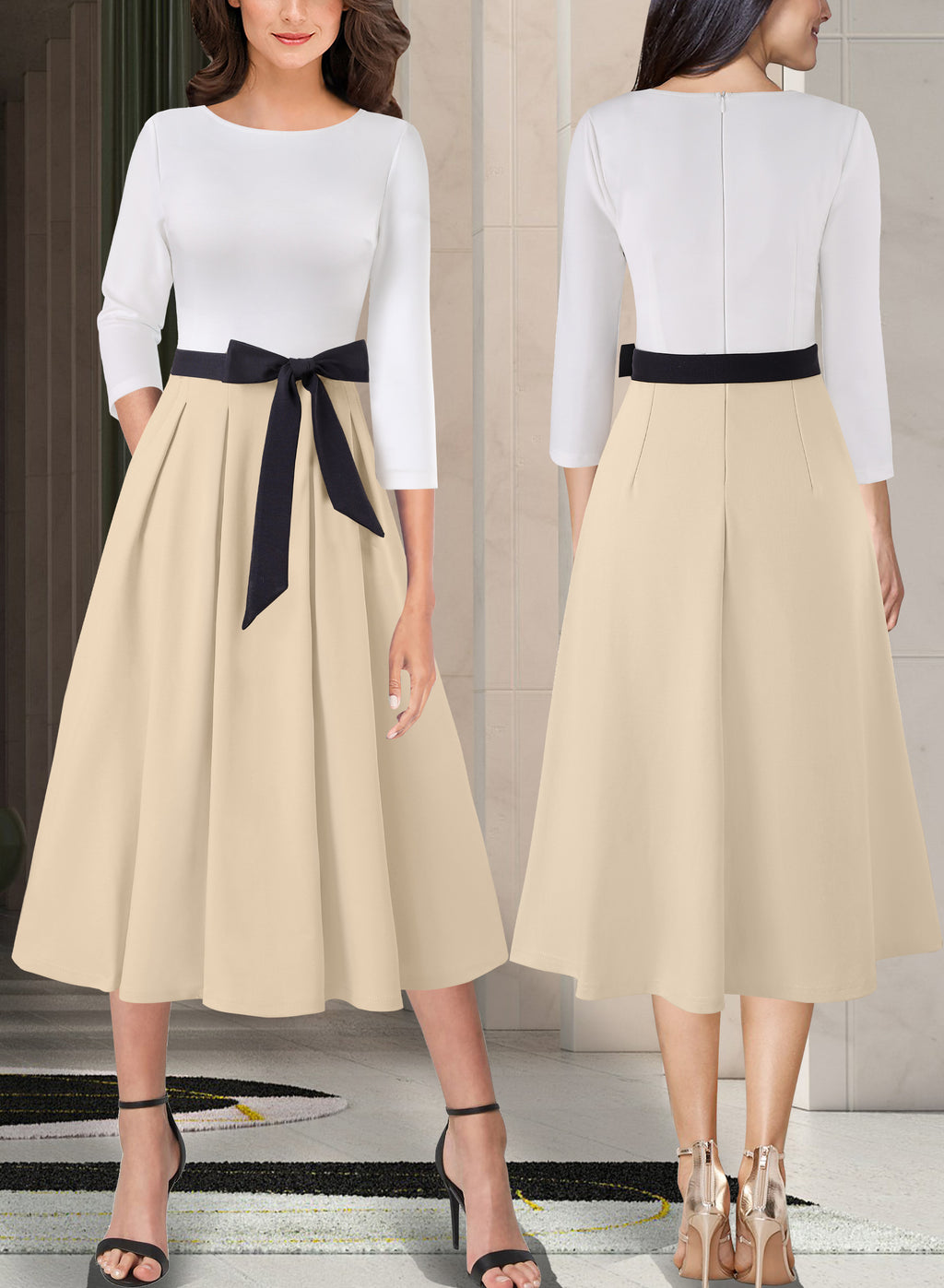 VFSHOW Womens Elegant Pockets Belted Work Business Office Casual Party Pleated A-Line Midi Dress