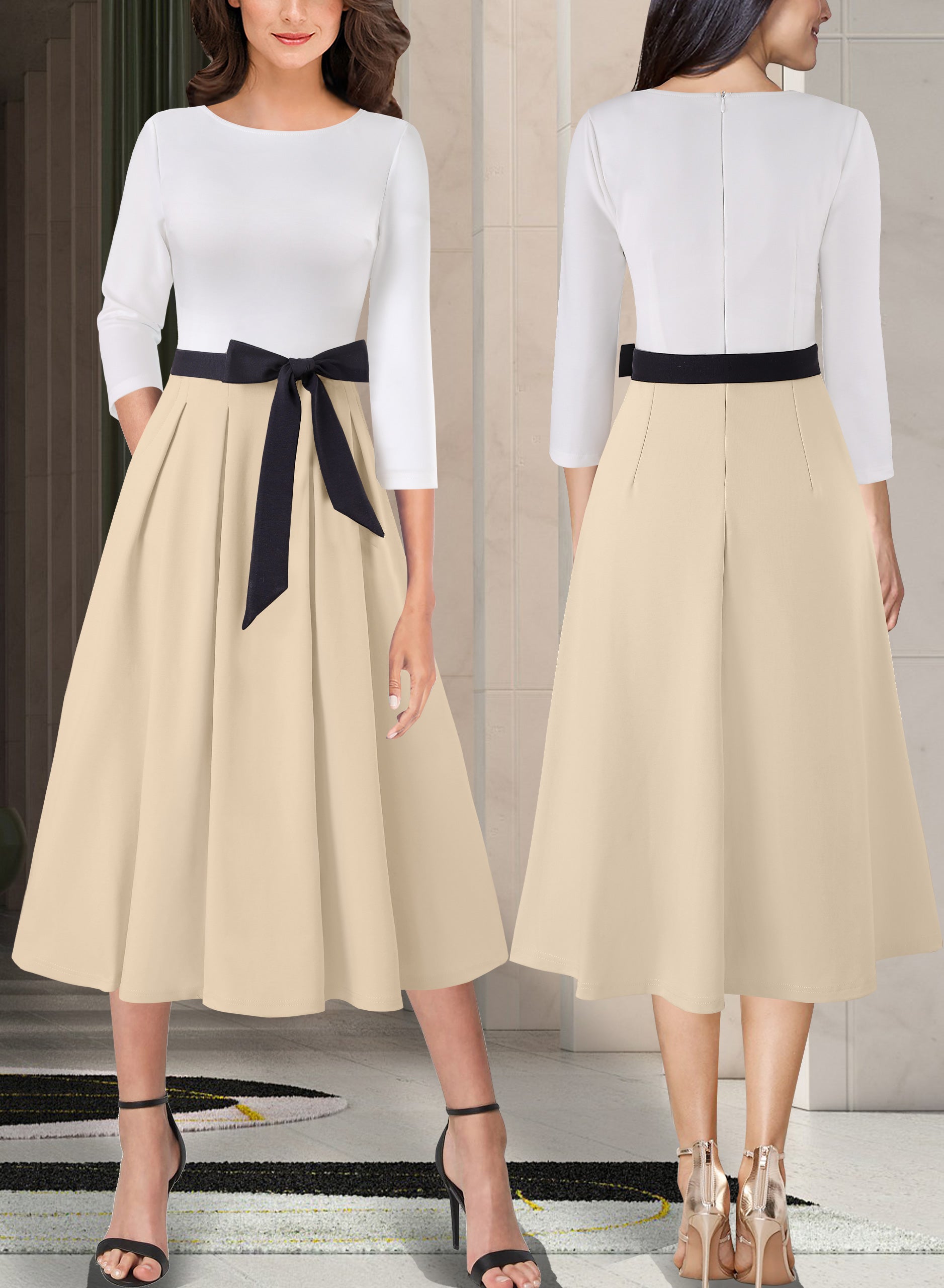 VFSHOW Womens Elegant Pockets Belted Work Business Office Casual Party Pleated A-Line Midi Dress