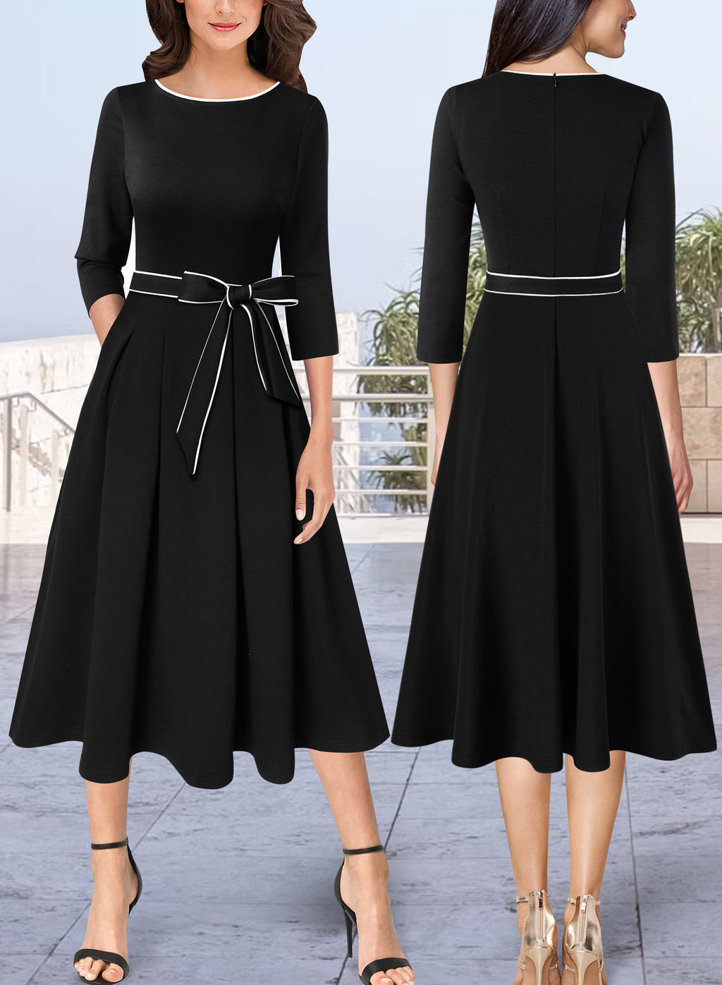 VFSHOW Womens Elegant Pockets Belted Work Business Office Casual Party Pleated A-Line Midi Dress