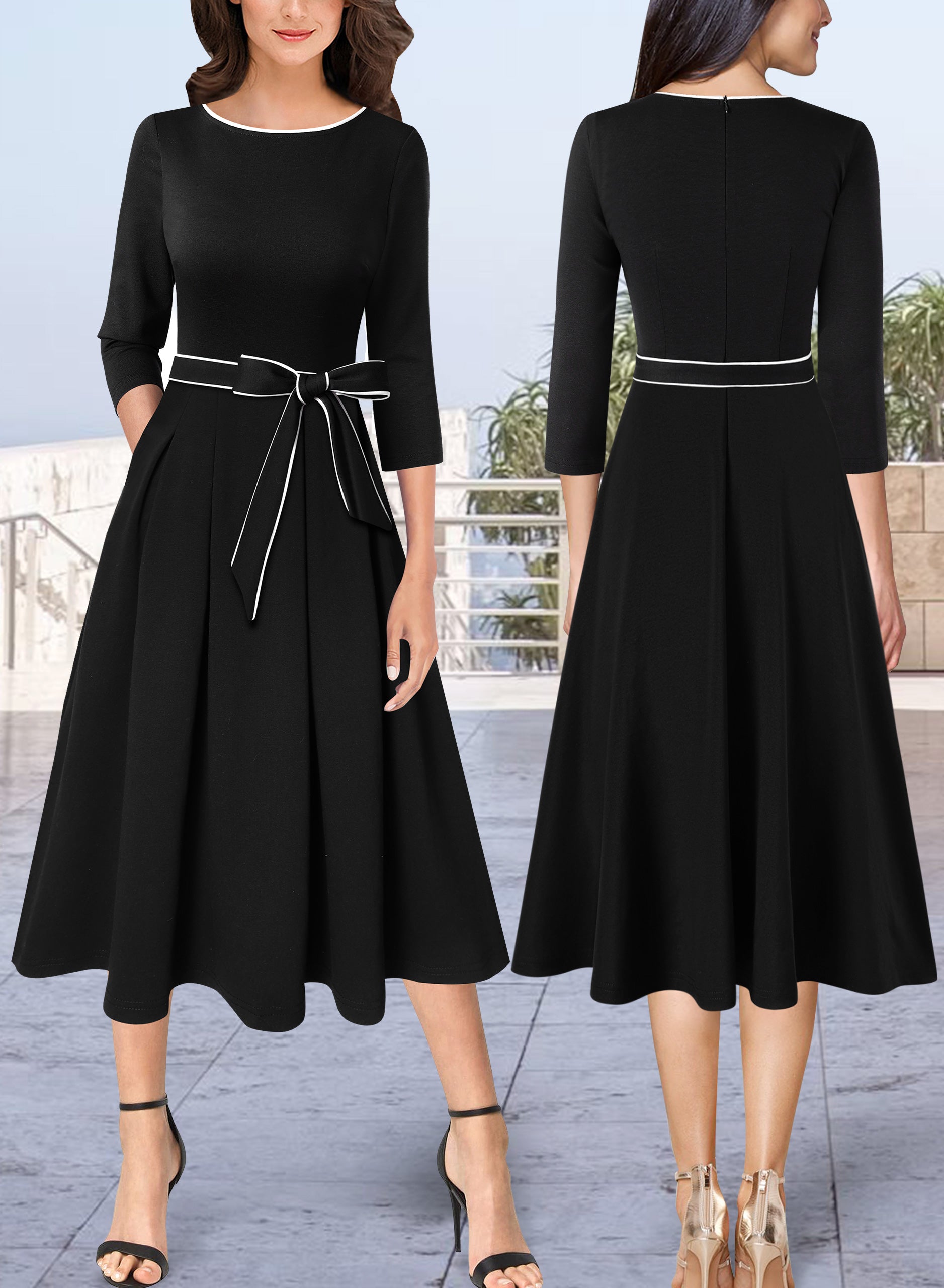 VFSHOW Womens Elegant Pockets Belted Work Business Office Casual Party Pleated A-Line Midi Dress