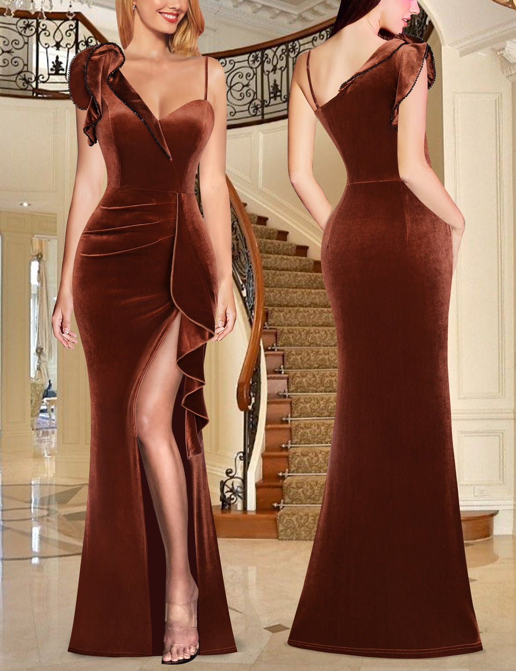 VFSHOW Womens Formal Prom Elegant Ruffle One Shoulder Beaded Strap Ruched Slit Maxi Dress Wedding Evening Long Gown