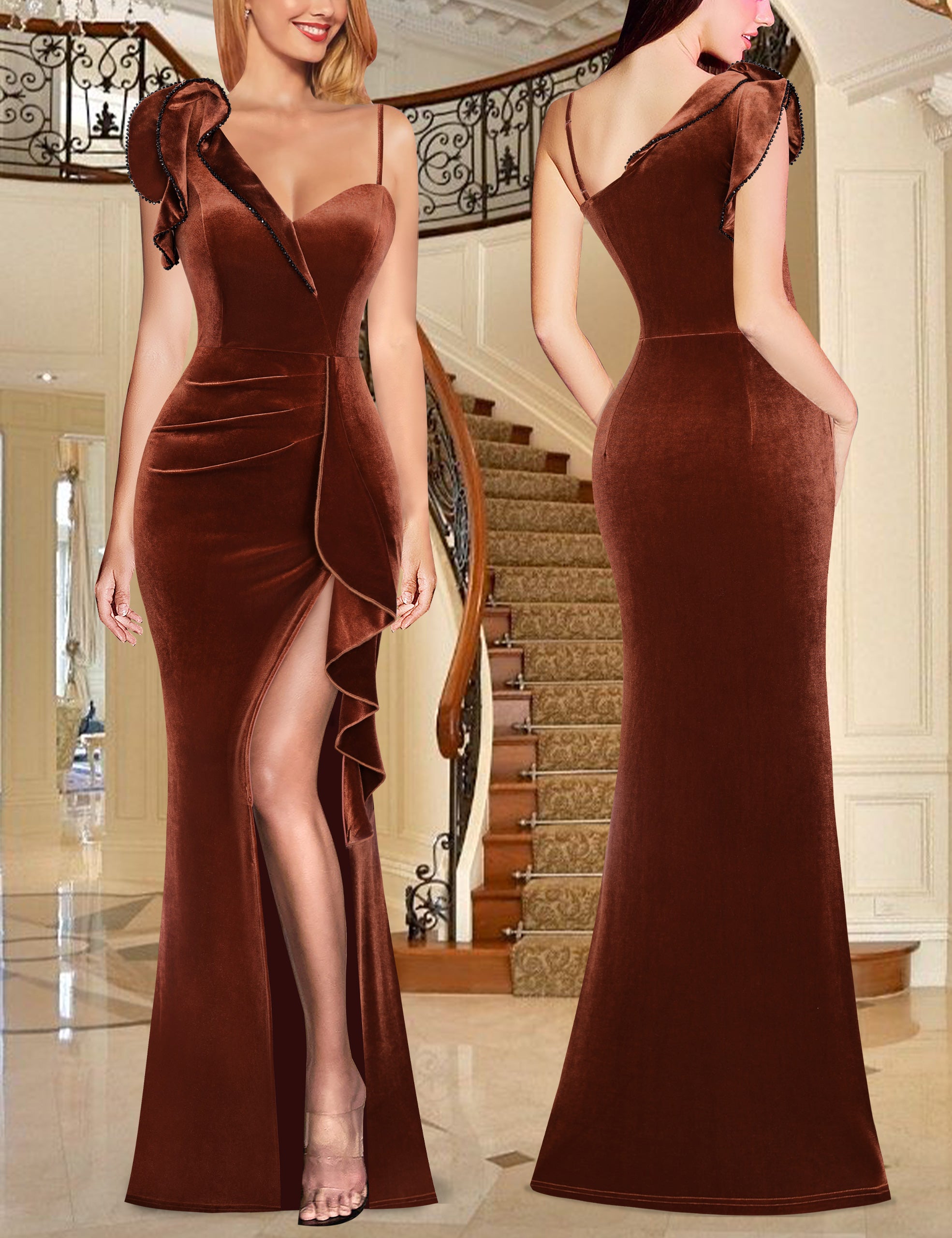 VFSHOW Womens Formal Prom Elegant Ruffle One Shoulder Beaded Strap Ruched Slit Maxi Dress Wedding Evening Long Gown