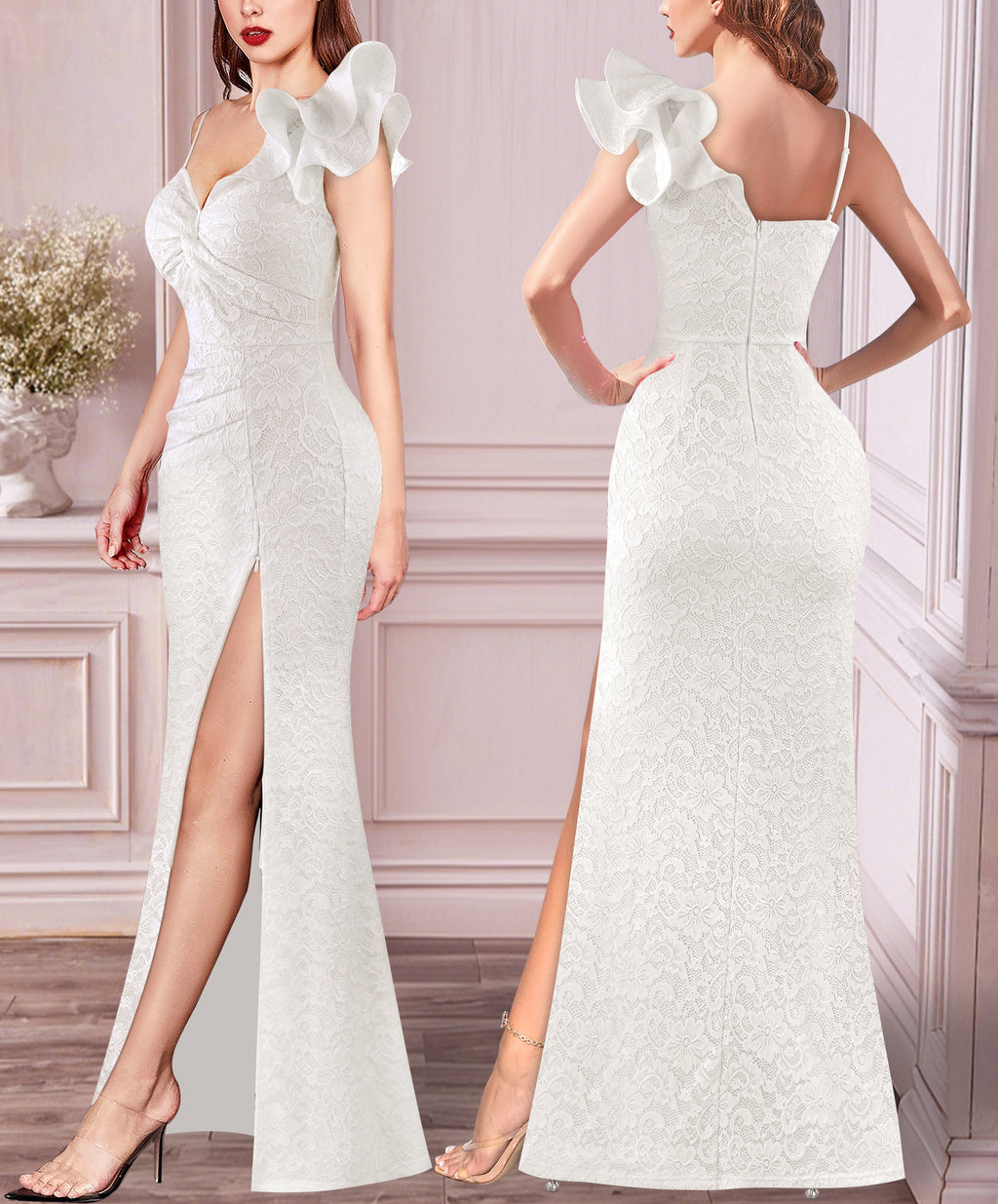VFSHOW Womens Formal Prom Ruffle One Shoulder Strap Ruched Maxi Dress 2025 Sexy Twist Front Split Wedding Guest Evening Gown