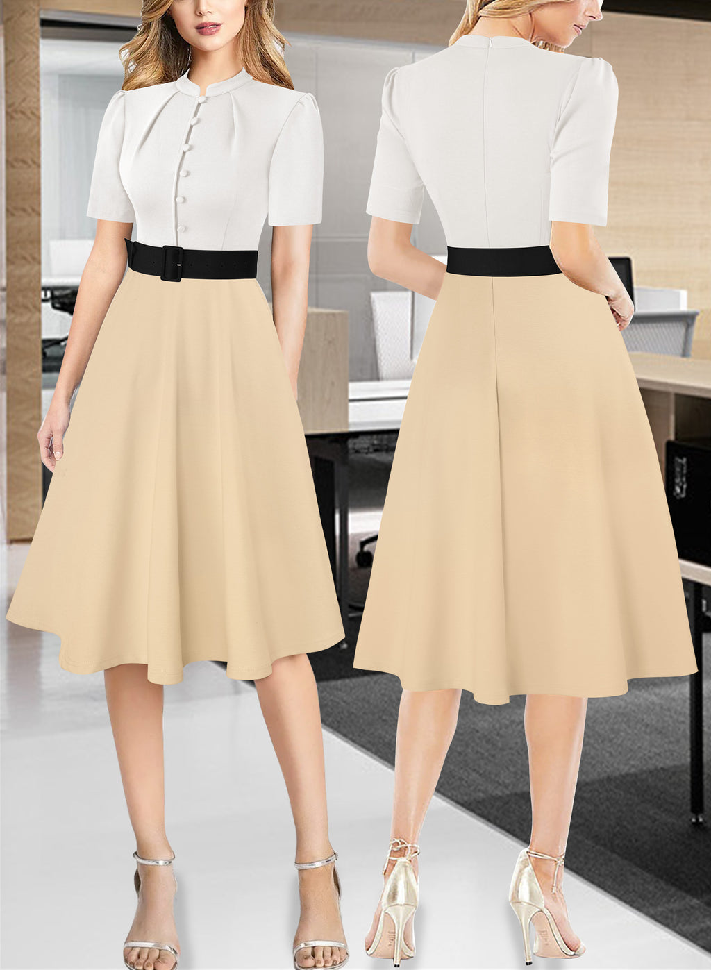 VFSHOW Womens 2024 Business Work Office Pockets Belted Buttons Elegant Fit and Flare A-Line Dress