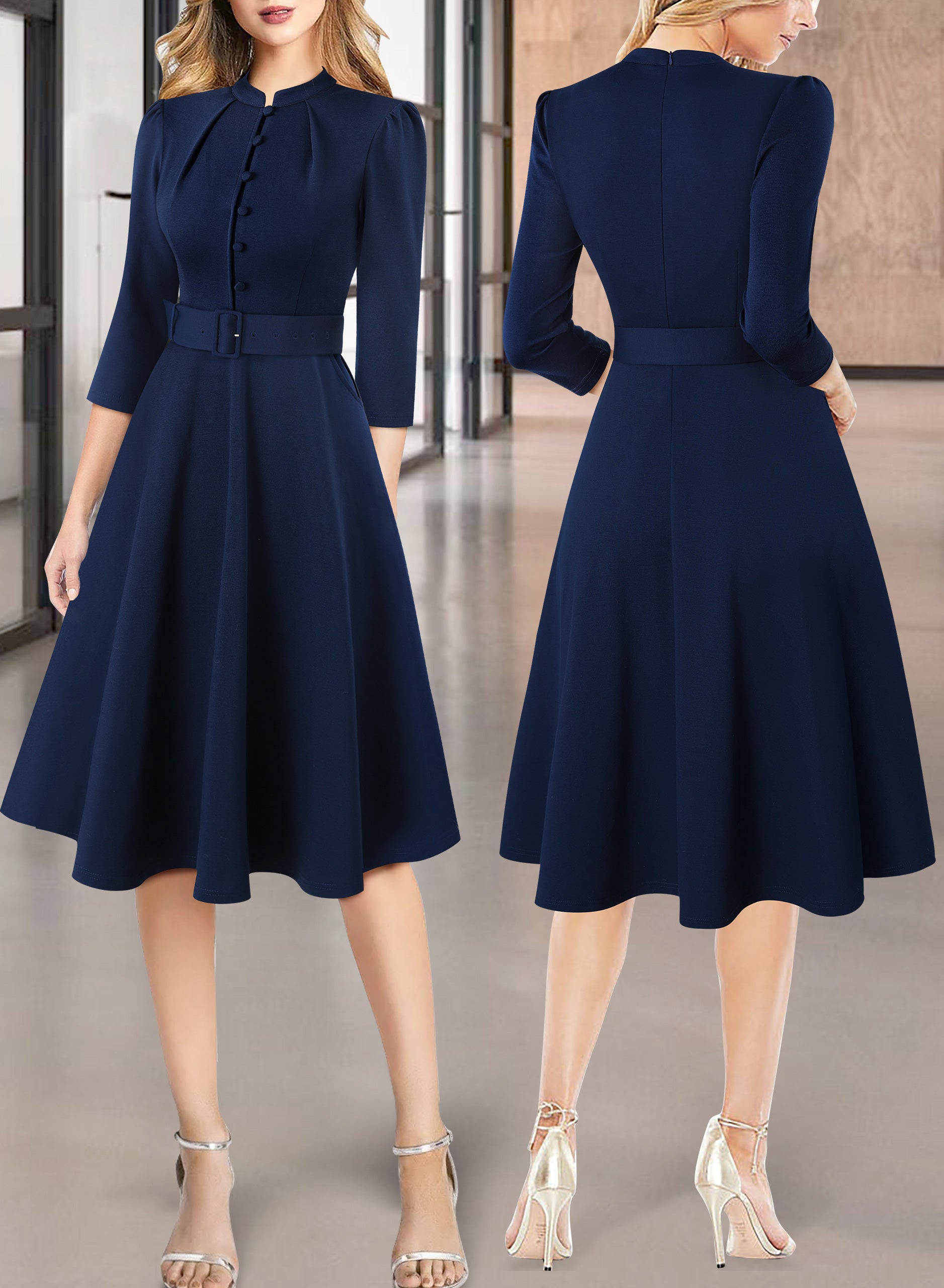 VFSHOW Womens 2024 Business Work Office 3/4 Sleeve Pockets Belted Buttons Elegant Fit and Flare A-Line Dress