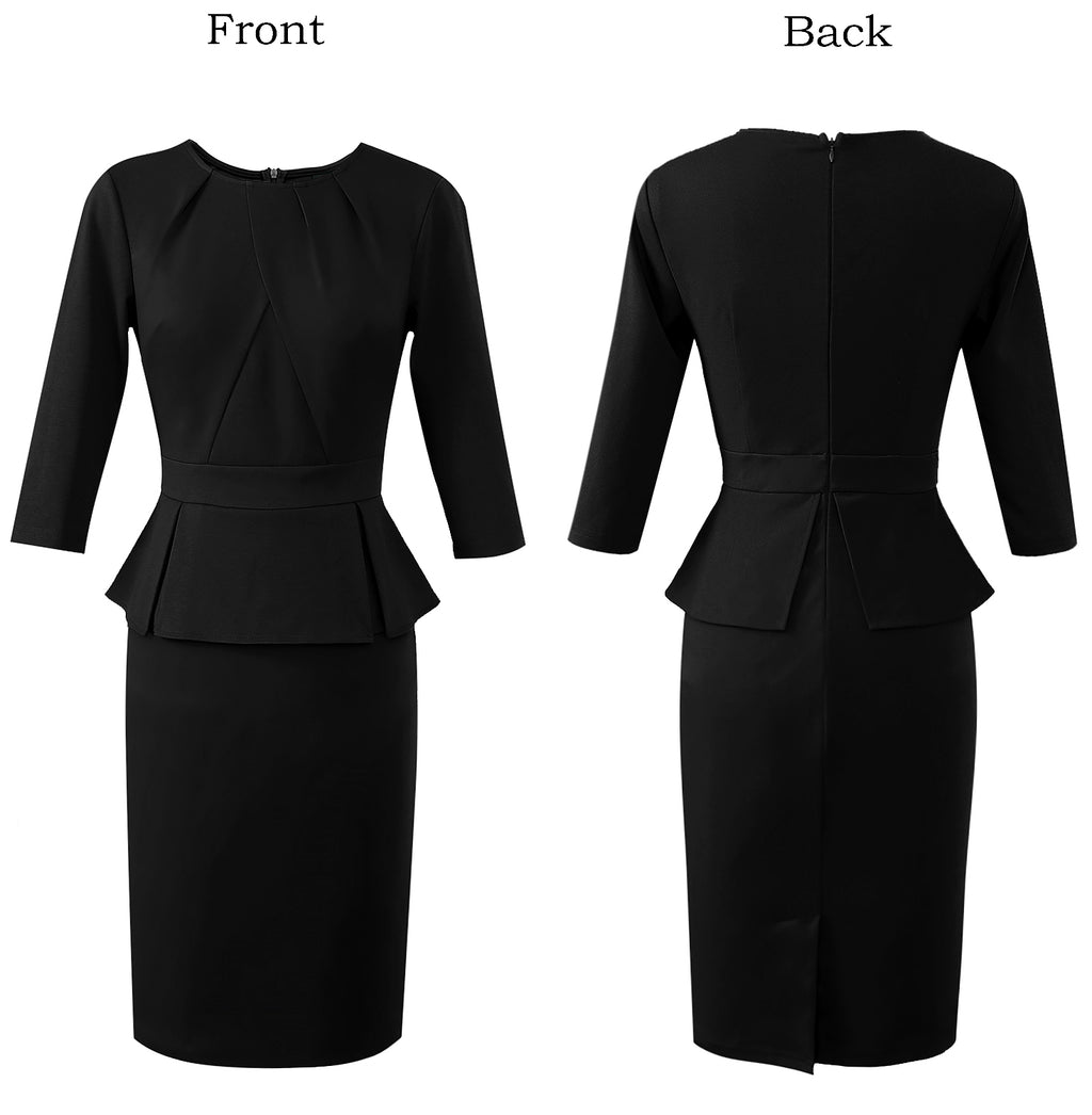 VFSHOW Womens Pleated Crew Neck Peplum Work Business Office Bodycon Pencil Sheath Dress