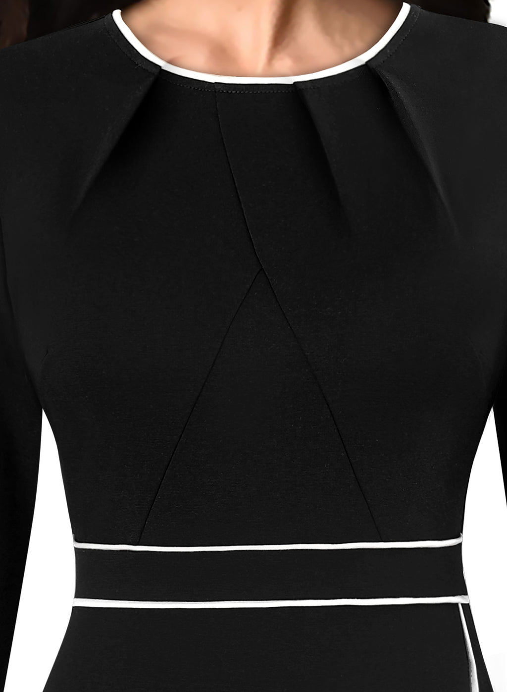 VFSHOW Womens Pleated Crew Neck Patchwork Front Split Work Business Office Slim Bodycon Sheath Pencil Dress