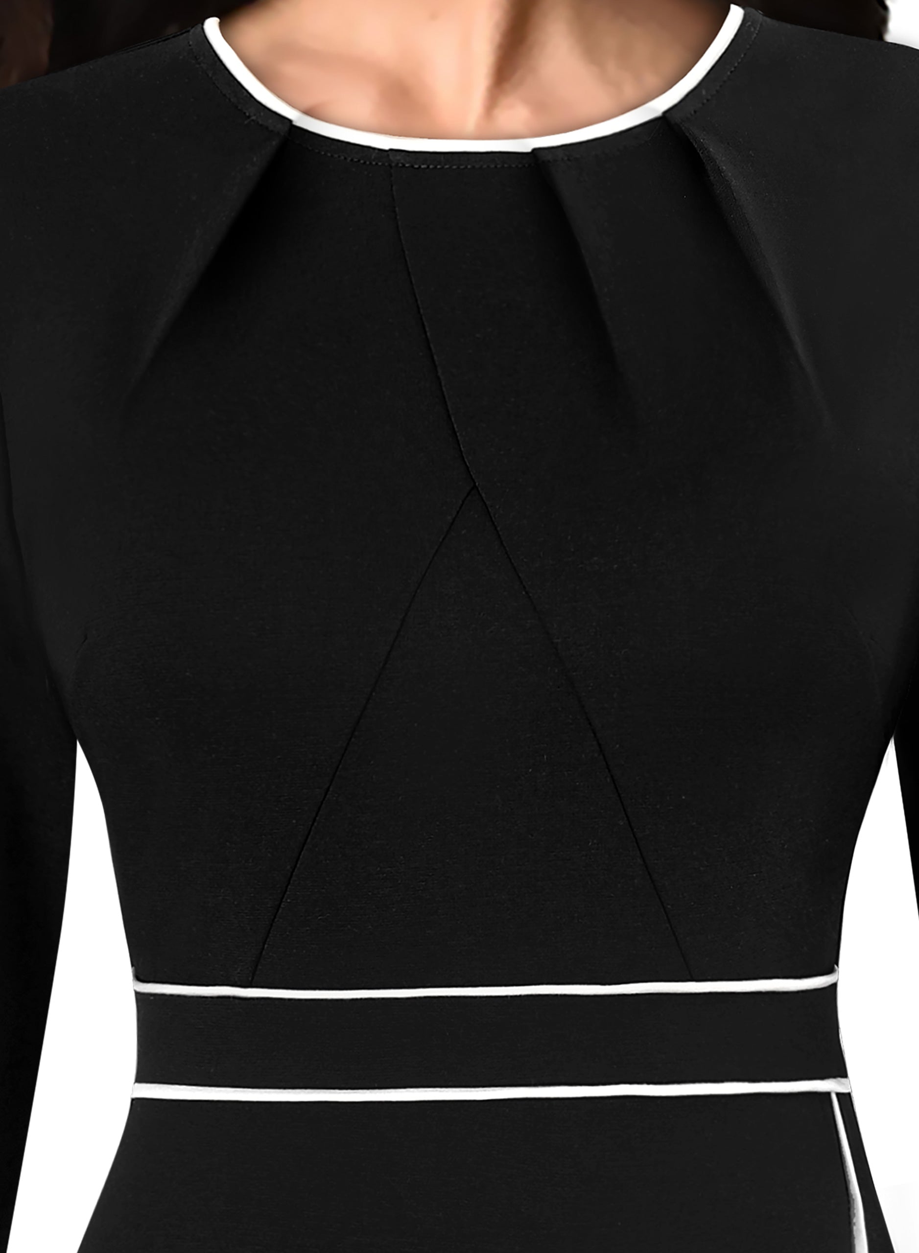 VFSHOW Womens Pleated Crew Neck Patchwork Front Split Work Business Office Slim Bodycon Sheath Pencil Dress