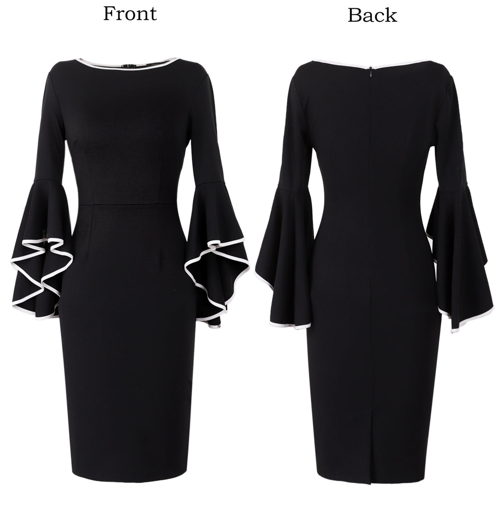 VFSHOW Womens Ruffle Bell Sleeves Cocktail Party Wedding Guest Slim Bodycon Graduation Birthday Party Pencil Sheath Dress