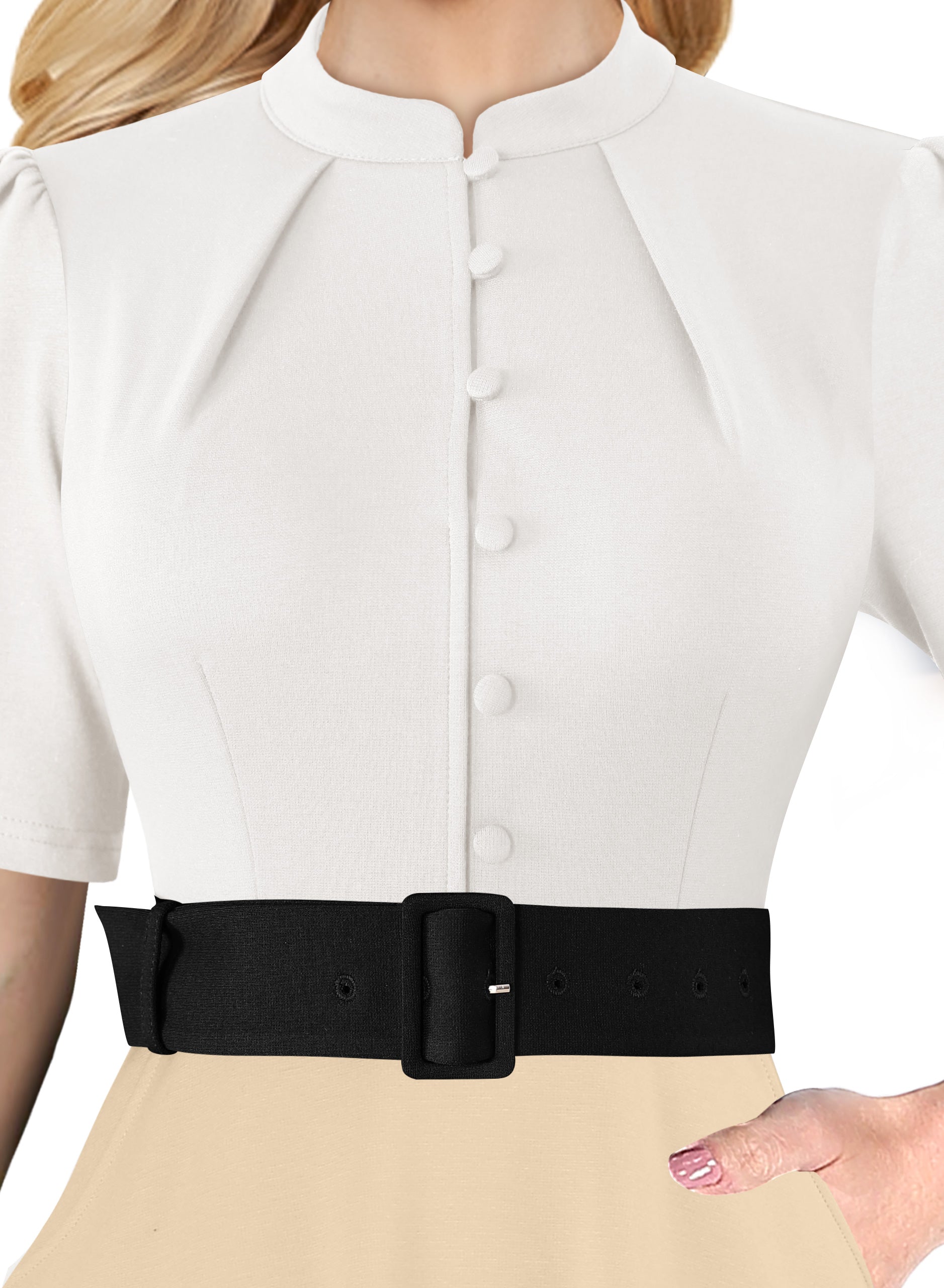 VFSHOW Womens 2024 Business Work Office Pockets Belted Buttons Elegant Fit and Flare A-Line Dress