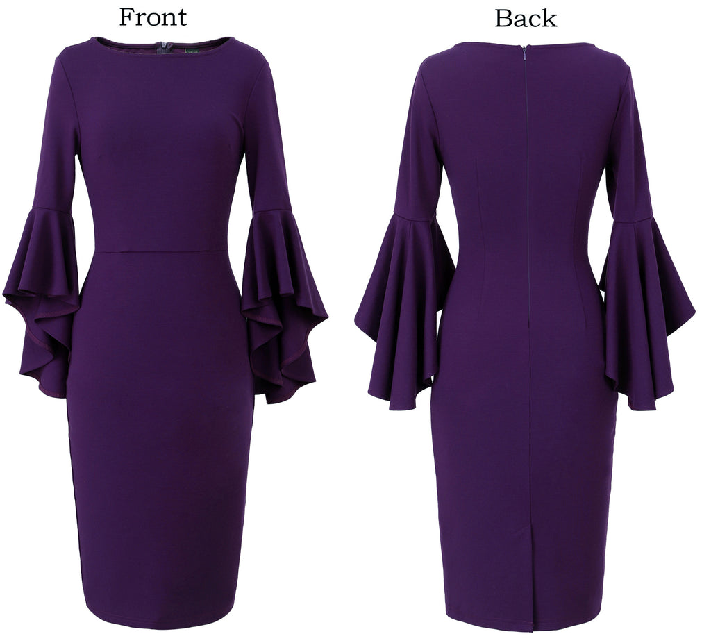 VFSHOW Womens Ruffle Bell Sleeves Cocktail Party Wedding Guest Slim Bodycon Graduation Birthday Party Pencil Sheath Dress