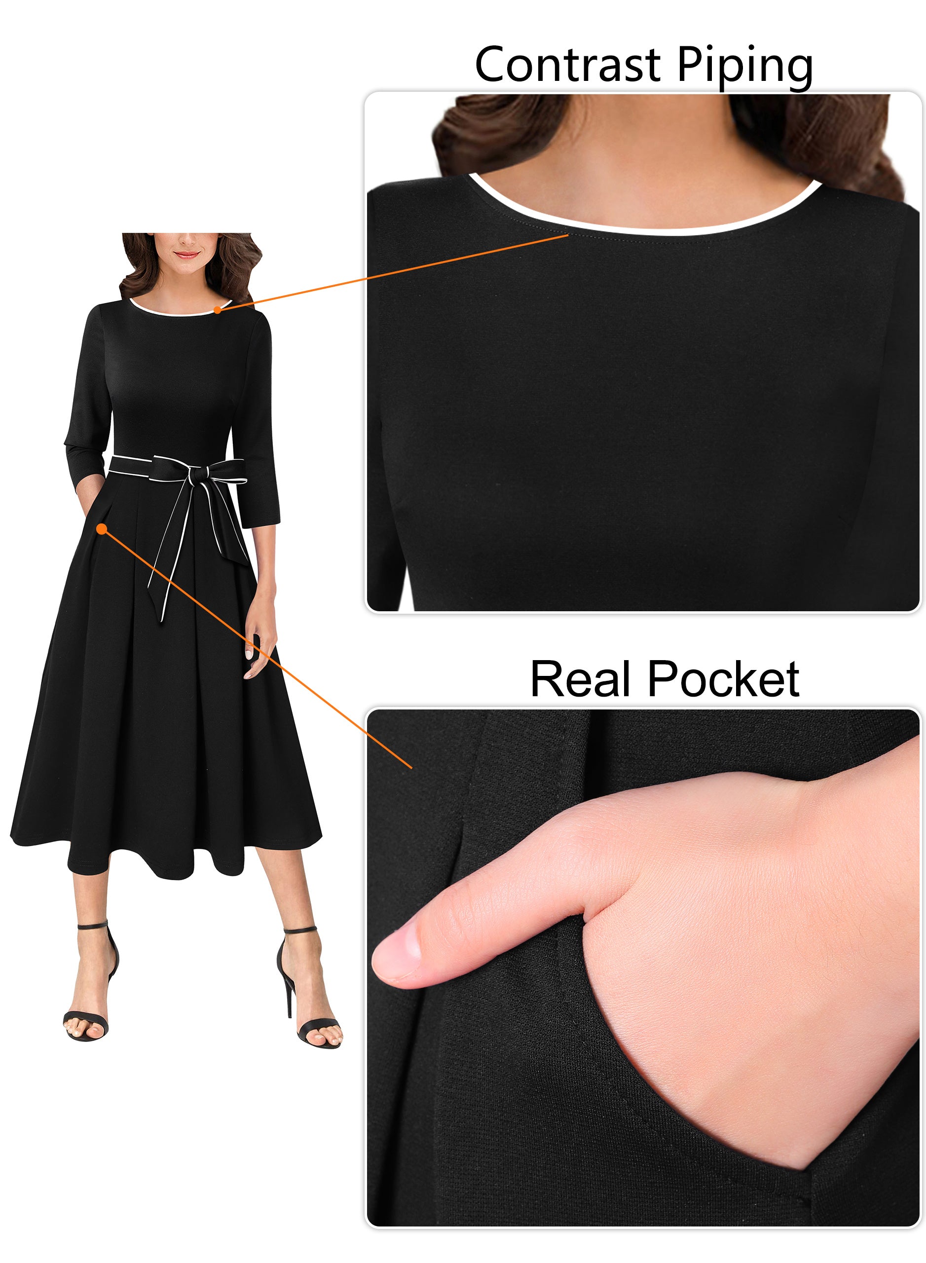 VFSHOW Womens Elegant Pockets Belted Work Business Office Casual Party Pleated A-Line Midi Dress