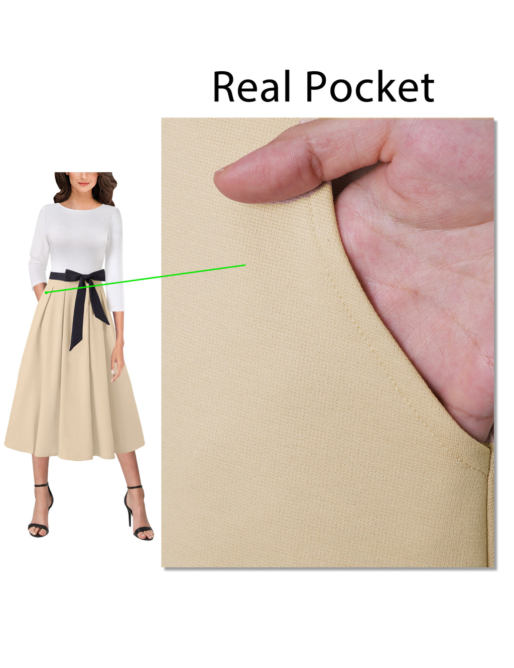 VFSHOW Womens Elegant Pockets Belted Work Business Office Casual Party Pleated A-Line Midi Dress