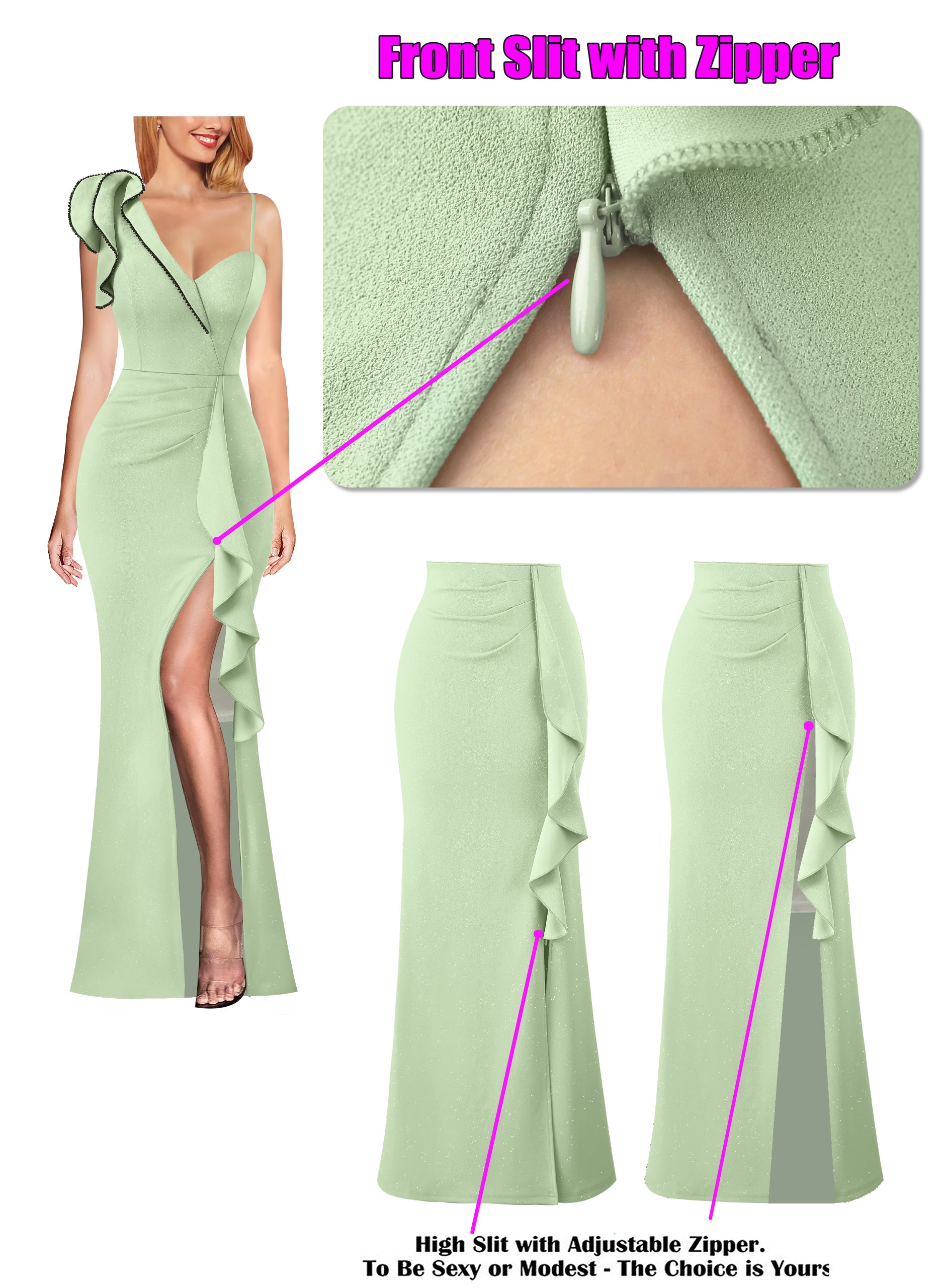 VFSHOW Womens Formal Prom Elegant Ruffle One Shoulder Beaded Strap Ruched Slit Maxi Dress Wedding Evening Long Gown