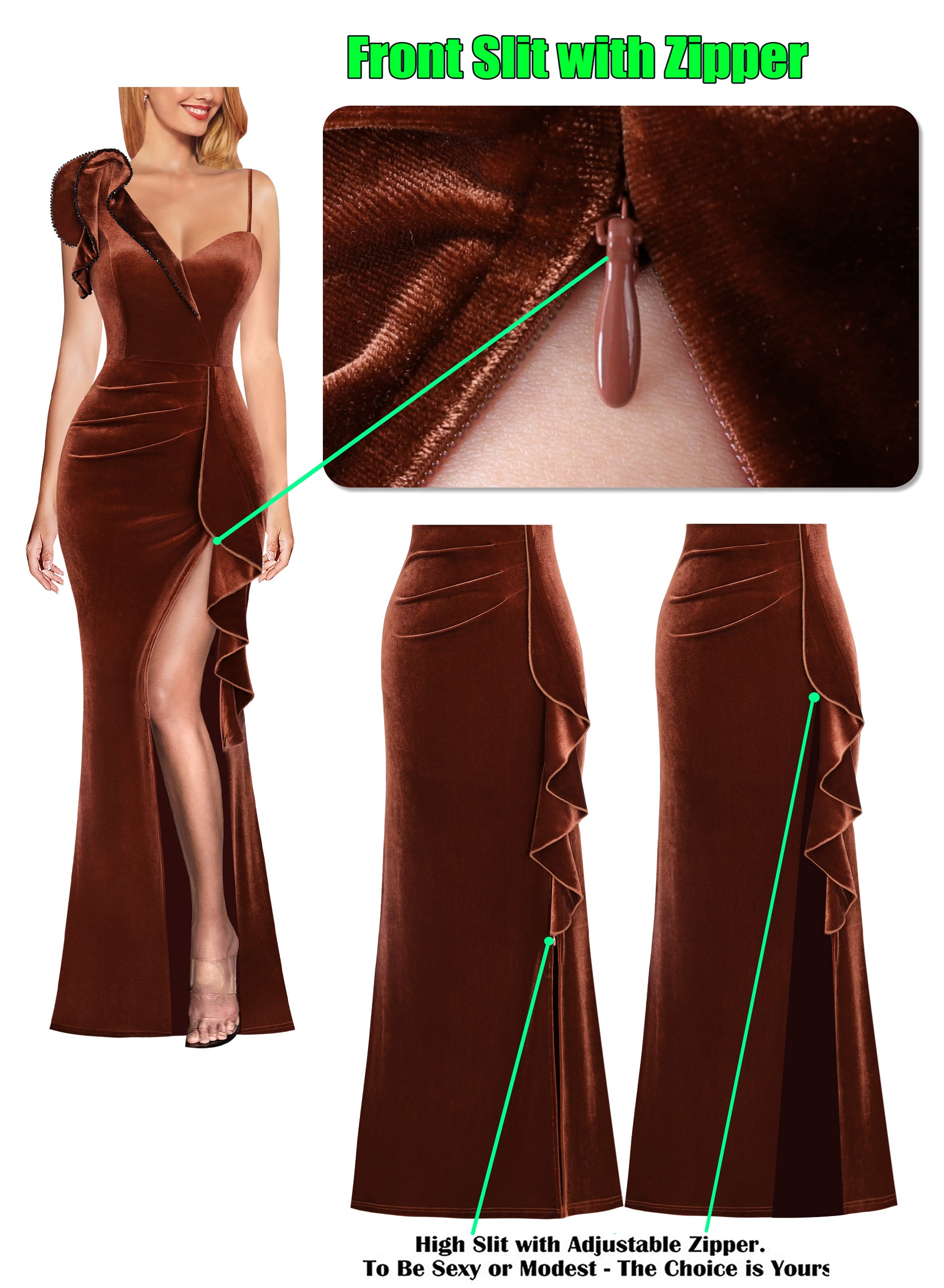 VFSHOW Womens Formal Prom Elegant Ruffle One Shoulder Beaded Strap Ruched Slit Maxi Dress Wedding Evening Long Gown