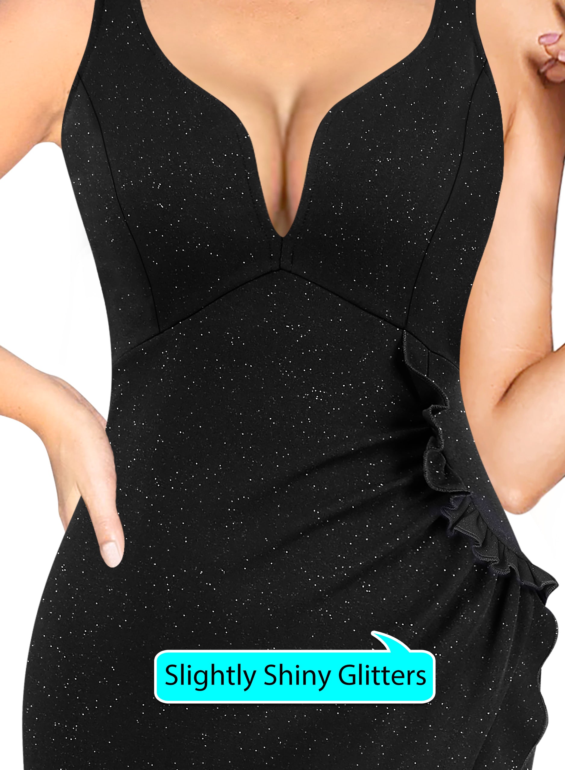 VFSHOW Womens Backless Ruched Ruffle Deep V Neck Formal Prom Wedding Maxi Dress 2023 Spaghetti Strap Sexy Split Evening Gown