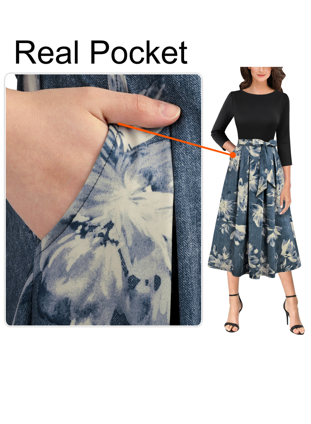 VFSHOW Womens Elegant Pockets Belted Work Business Office Casual Party Pleated A-Line Midi Dress