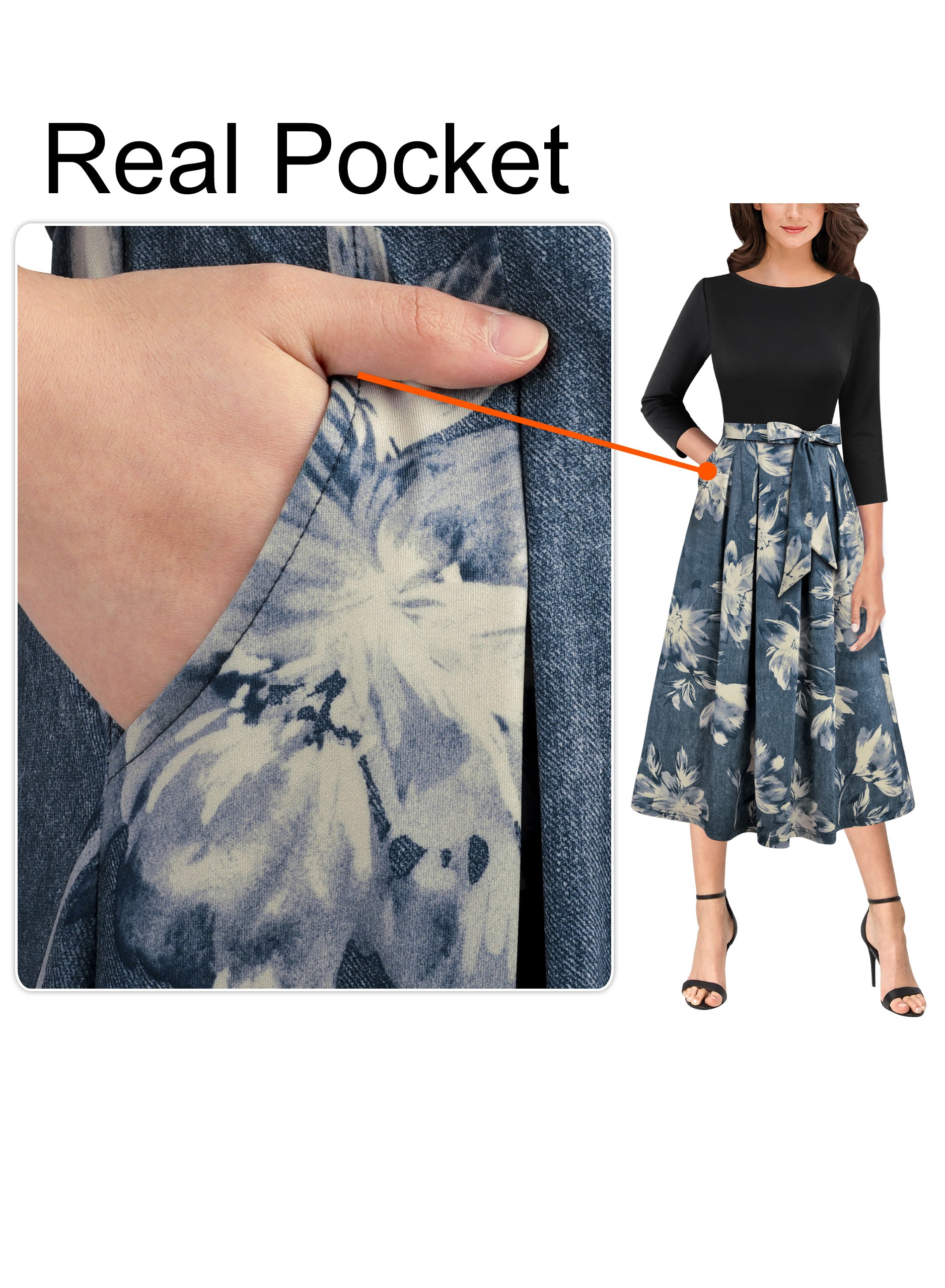 VFSHOW Womens Elegant Pockets Belted Work Business Office Casual Party Pleated A-Line Midi Dress