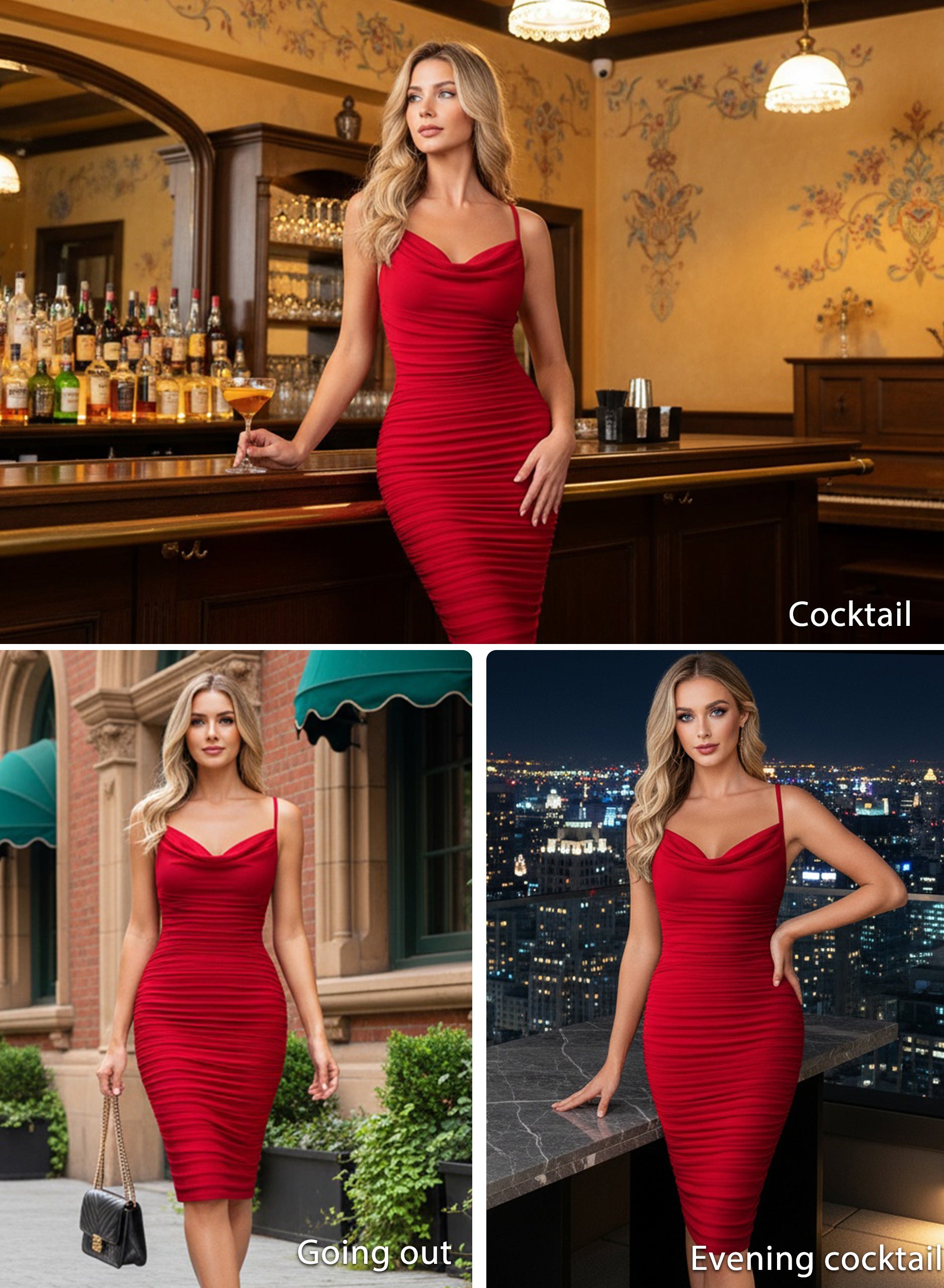 VFSHOW Womens 2025 Spaghetti Strap Ruched Bodycon Cocktail Dress Sexy Cowl Neck Backless Fitted Wedding Guest Party Dresses