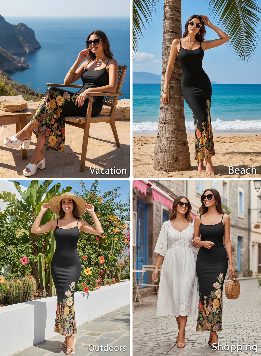 VFSHOW Womens Spaghetti Strap Wedding Guest Cocktail Bodycon Maxi Dress | Sexy Floral Printed Mesh, 2026 Summer Casual Beach Vacation, Date Night Party Slip Long Dresses